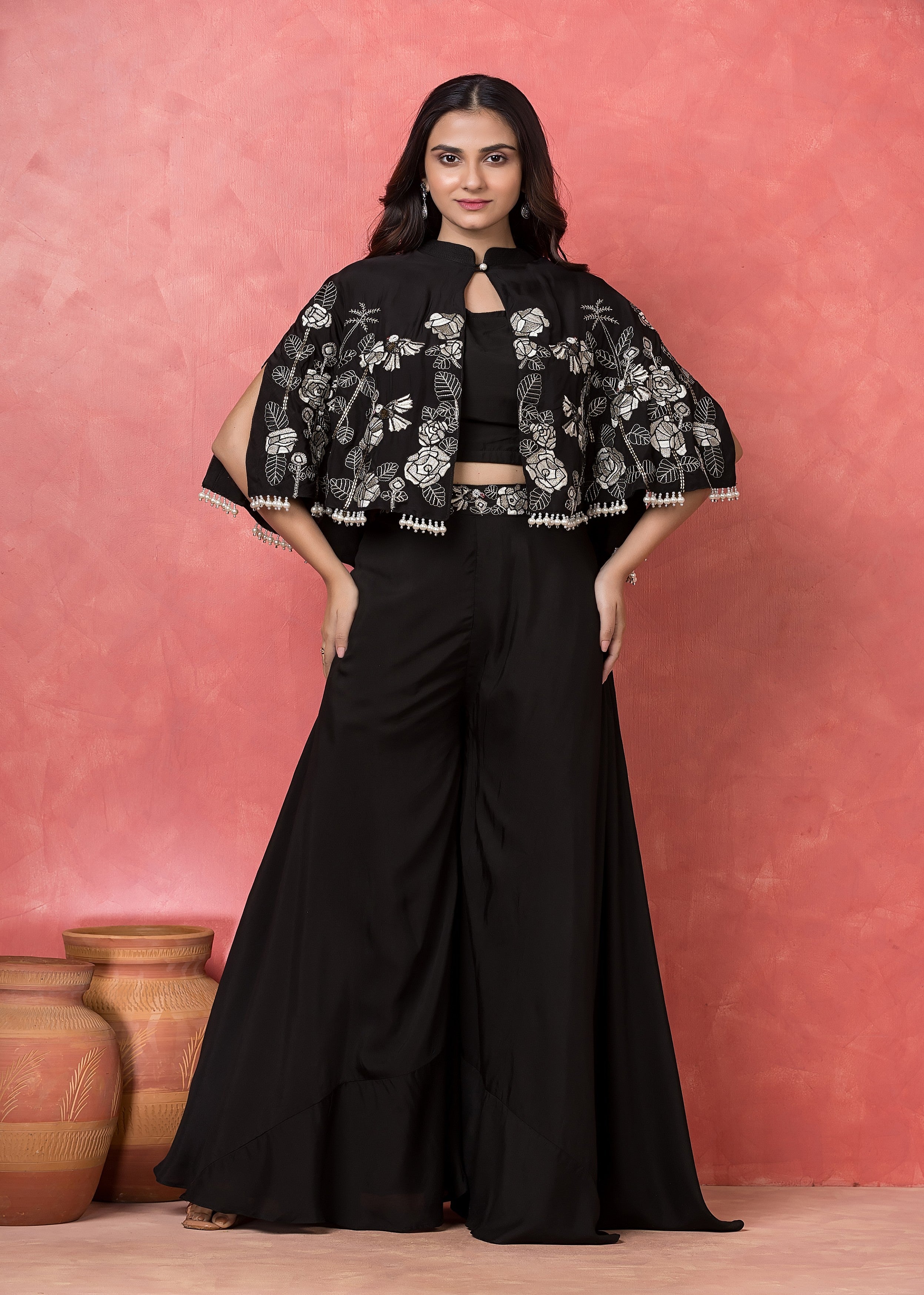 Midnight Black Embroidered Muslin Silk Co-Ord Set
