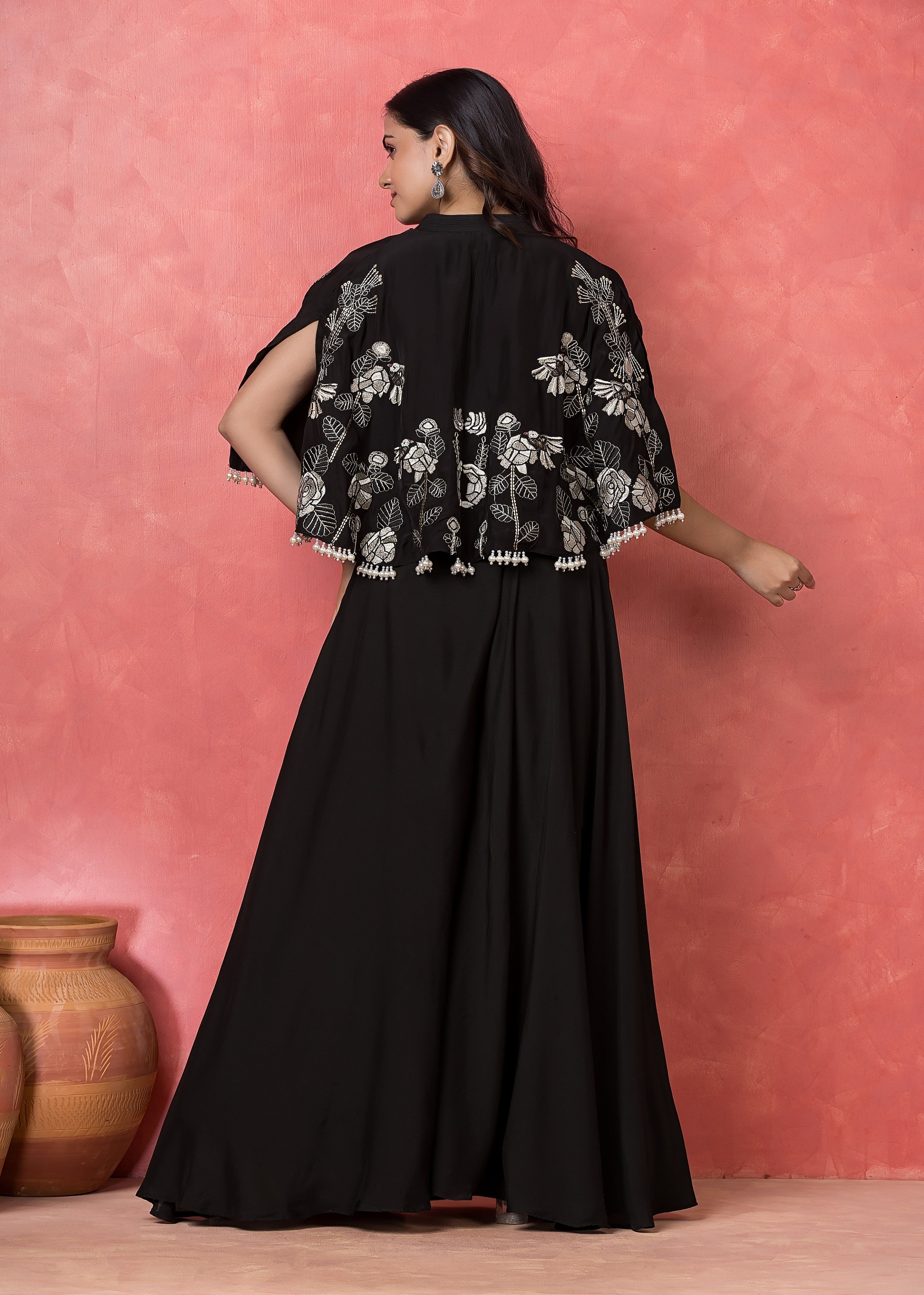 Midnight Black Embroidered Muslin Silk Co-Ord Set