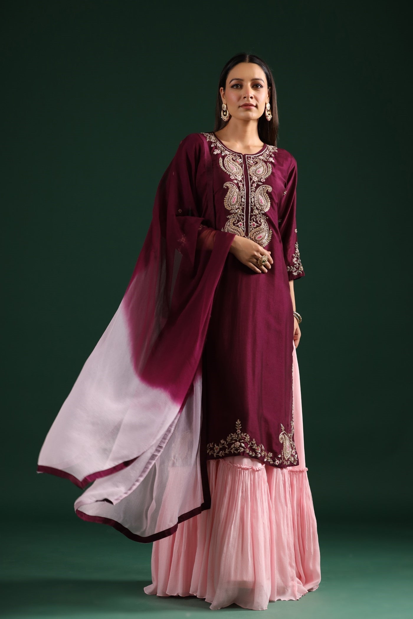 Wine Embroidered Kurta With Contrast Dress