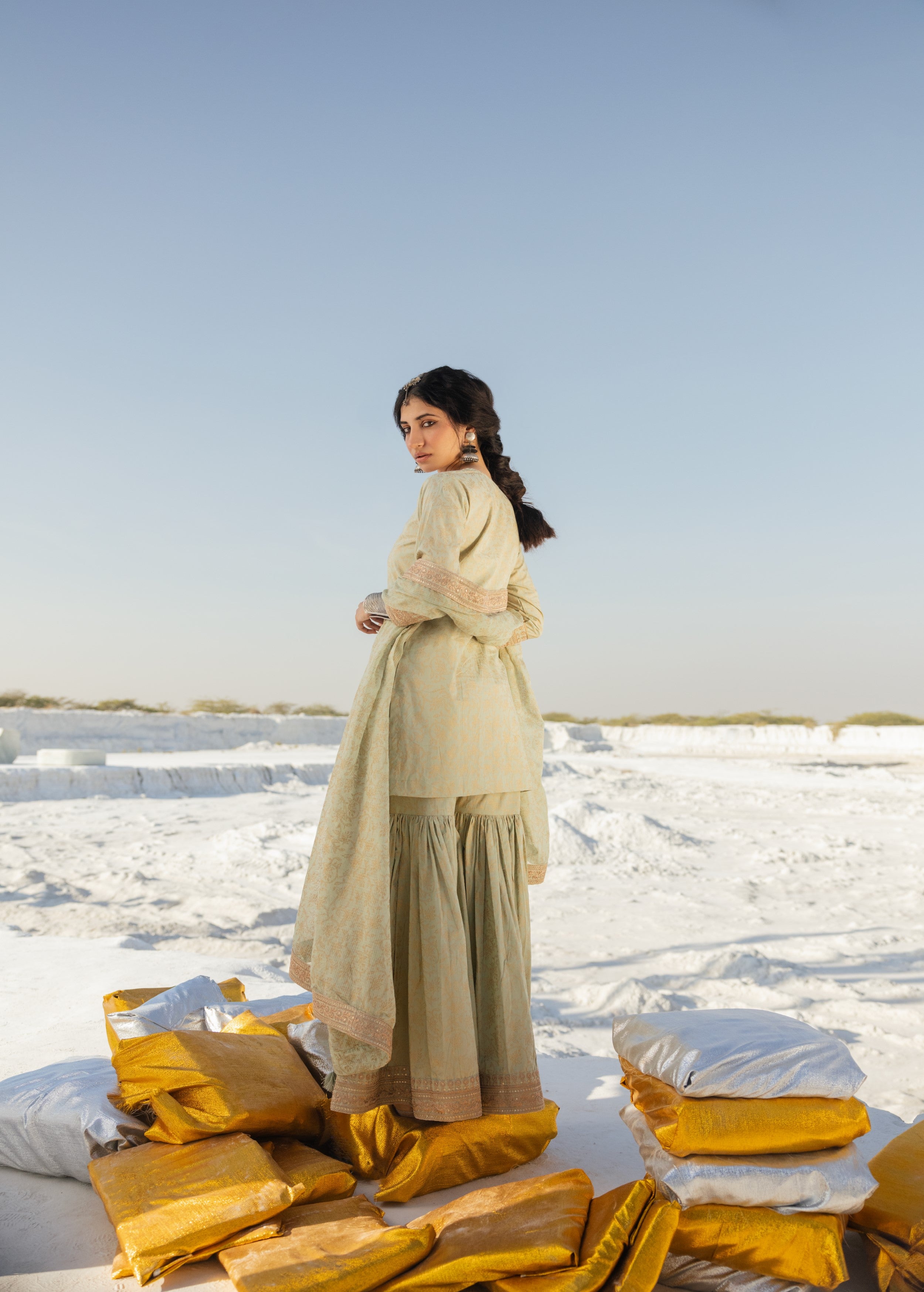 Light Green Printed Organic Cotton Sharara Set