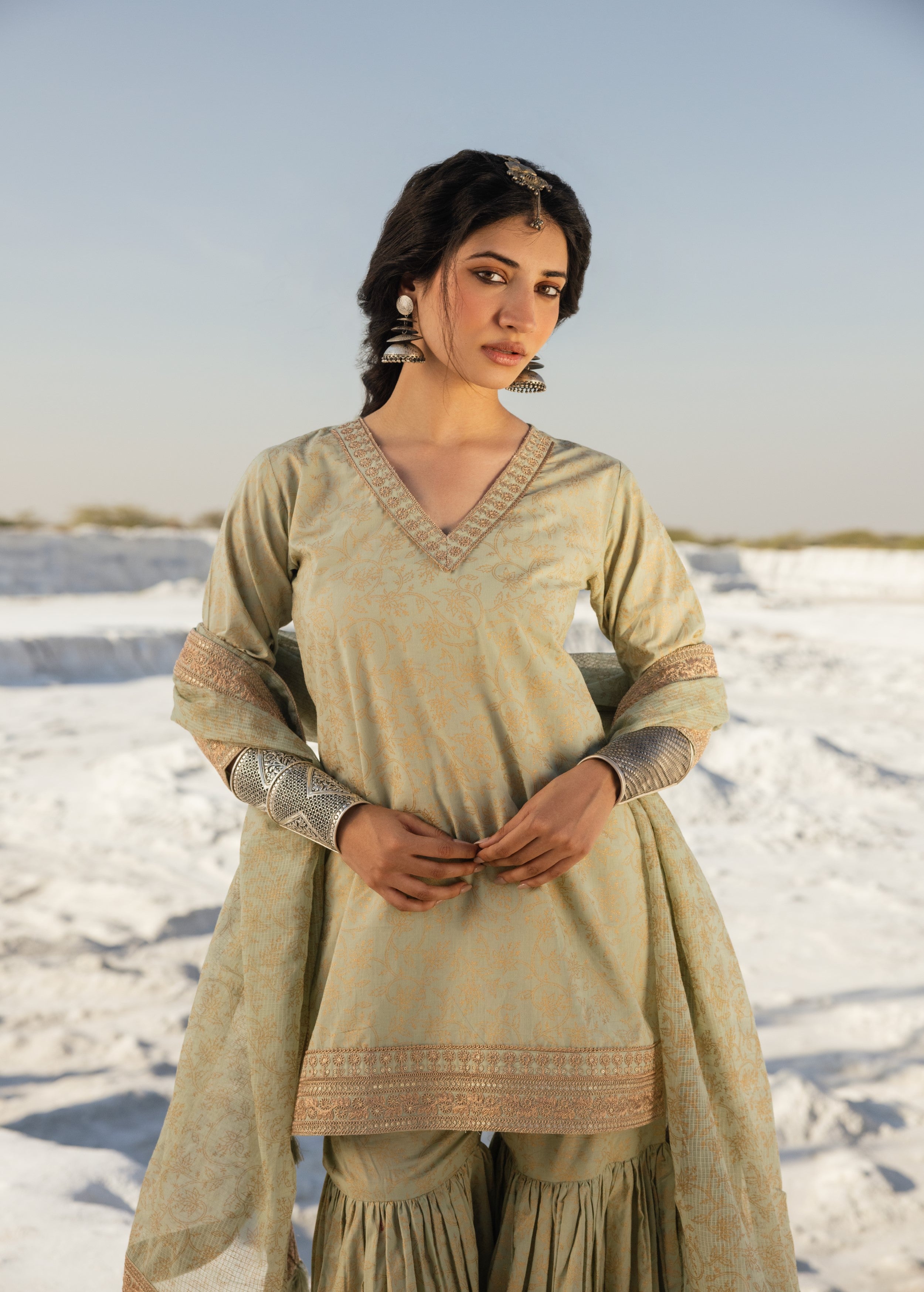 Light Green Printed Organic Cotton Sharara Set