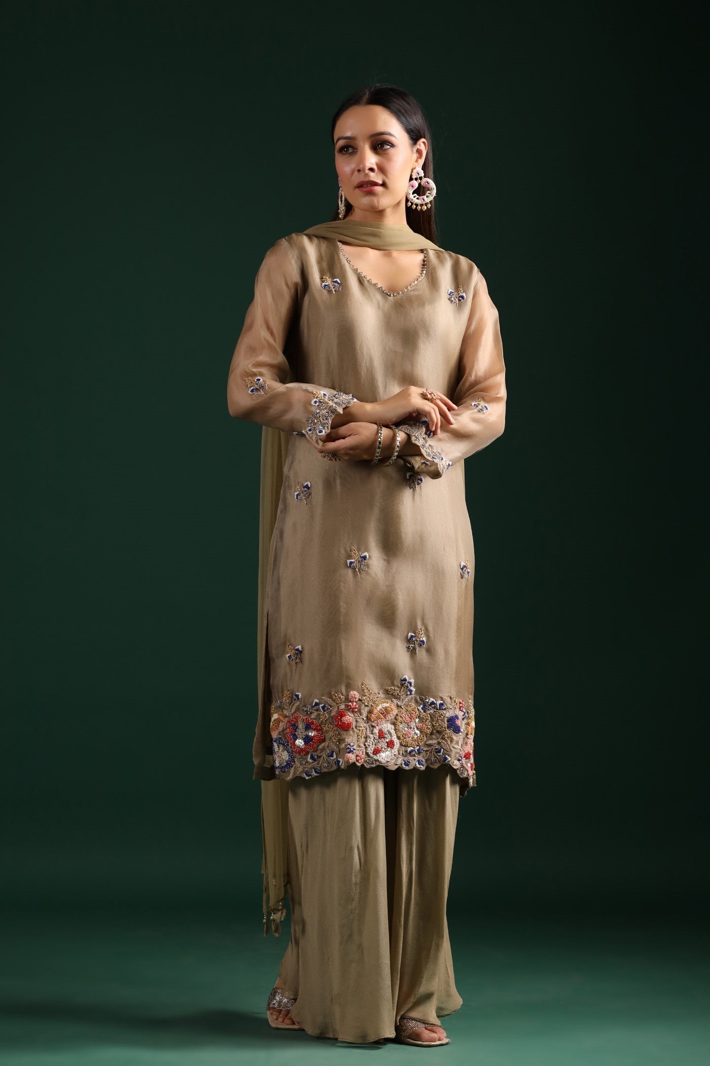 Dusky Green Embroidered Kurta Palazzo Set