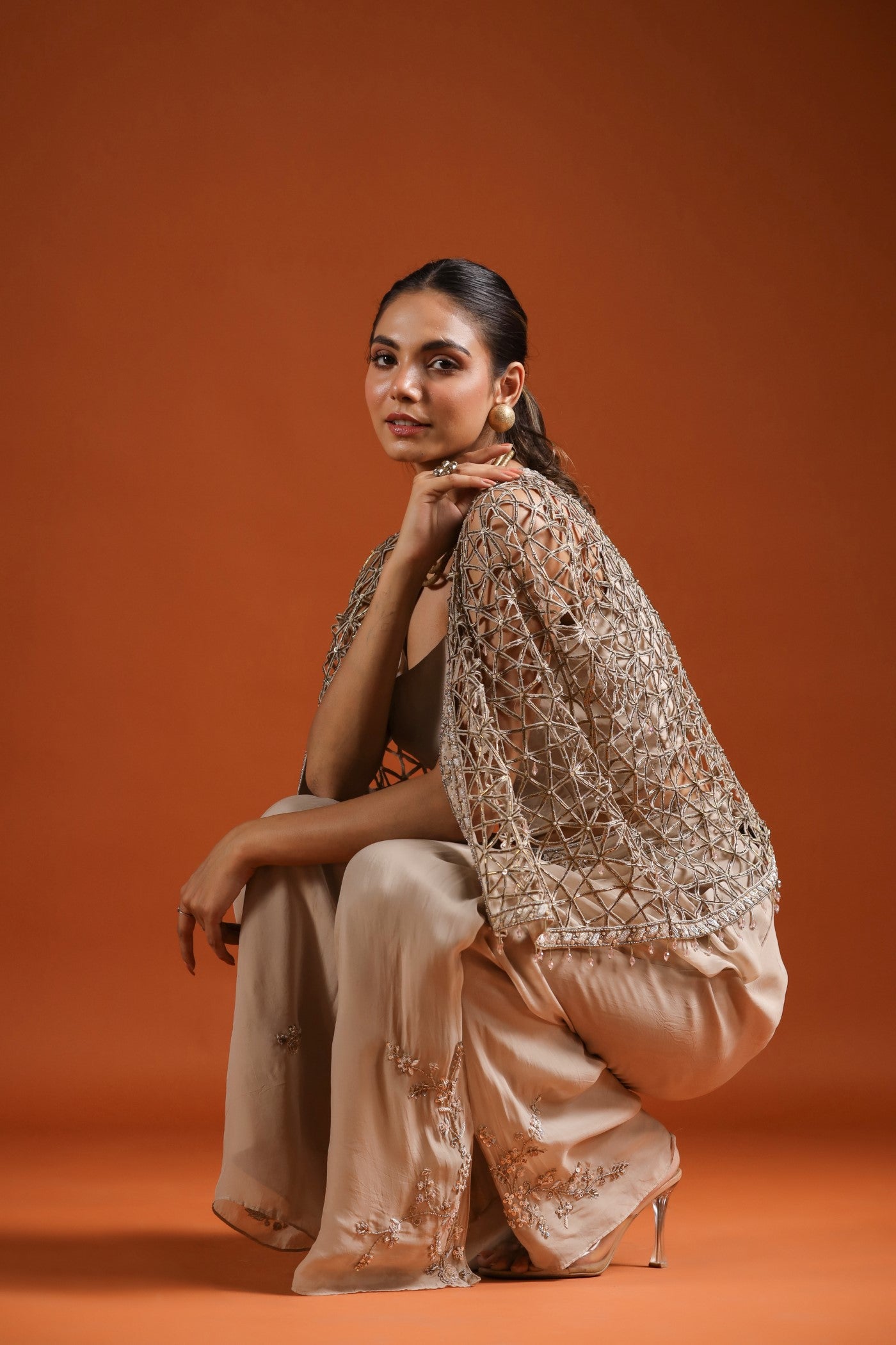 Golden Beige Embellished Cape Set