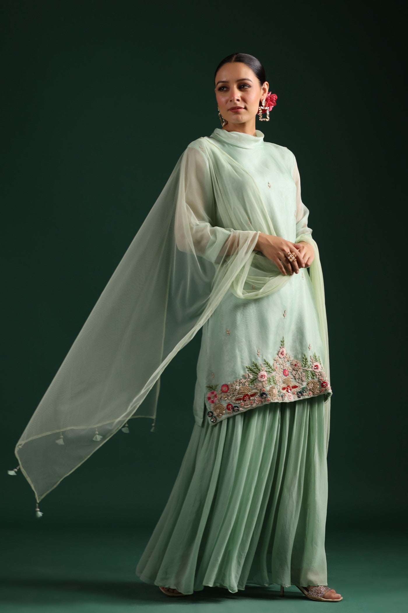 Mint Green Embroidered Sharara Set