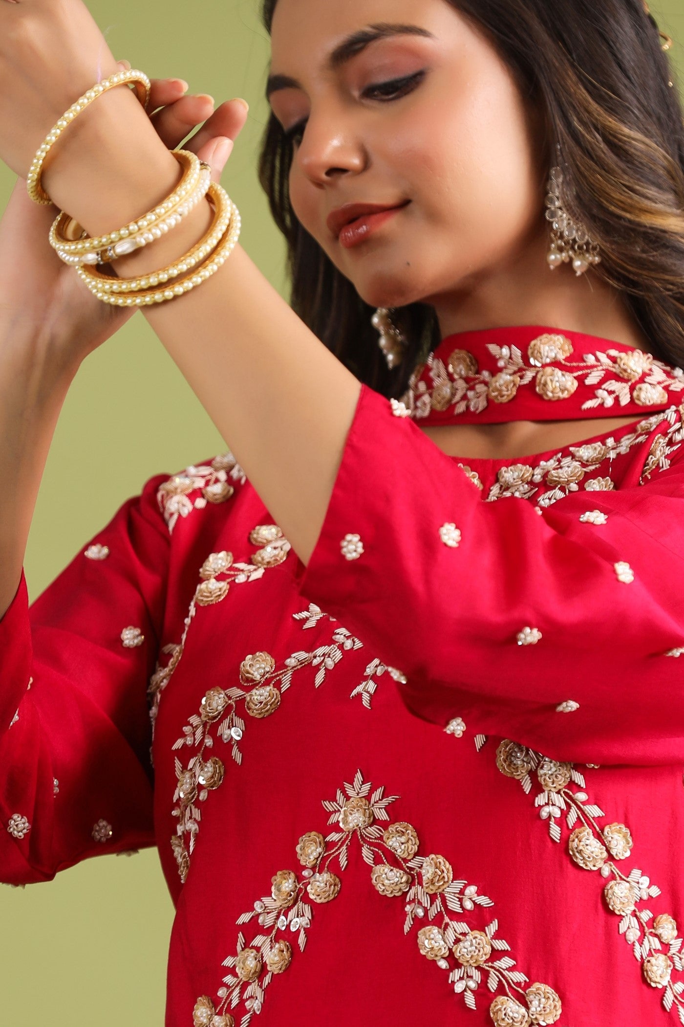 Red Embellished Anarkali Set