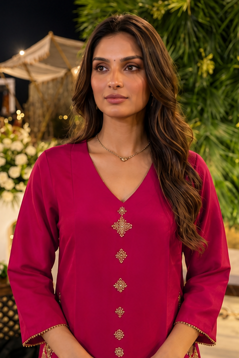 Bright Fuchsia Embellished Crepe Silk Pant Set