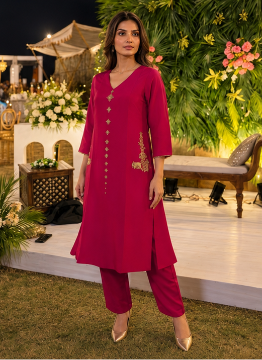 Bright Fuchsia Embellished Crepe Silk Pant Set