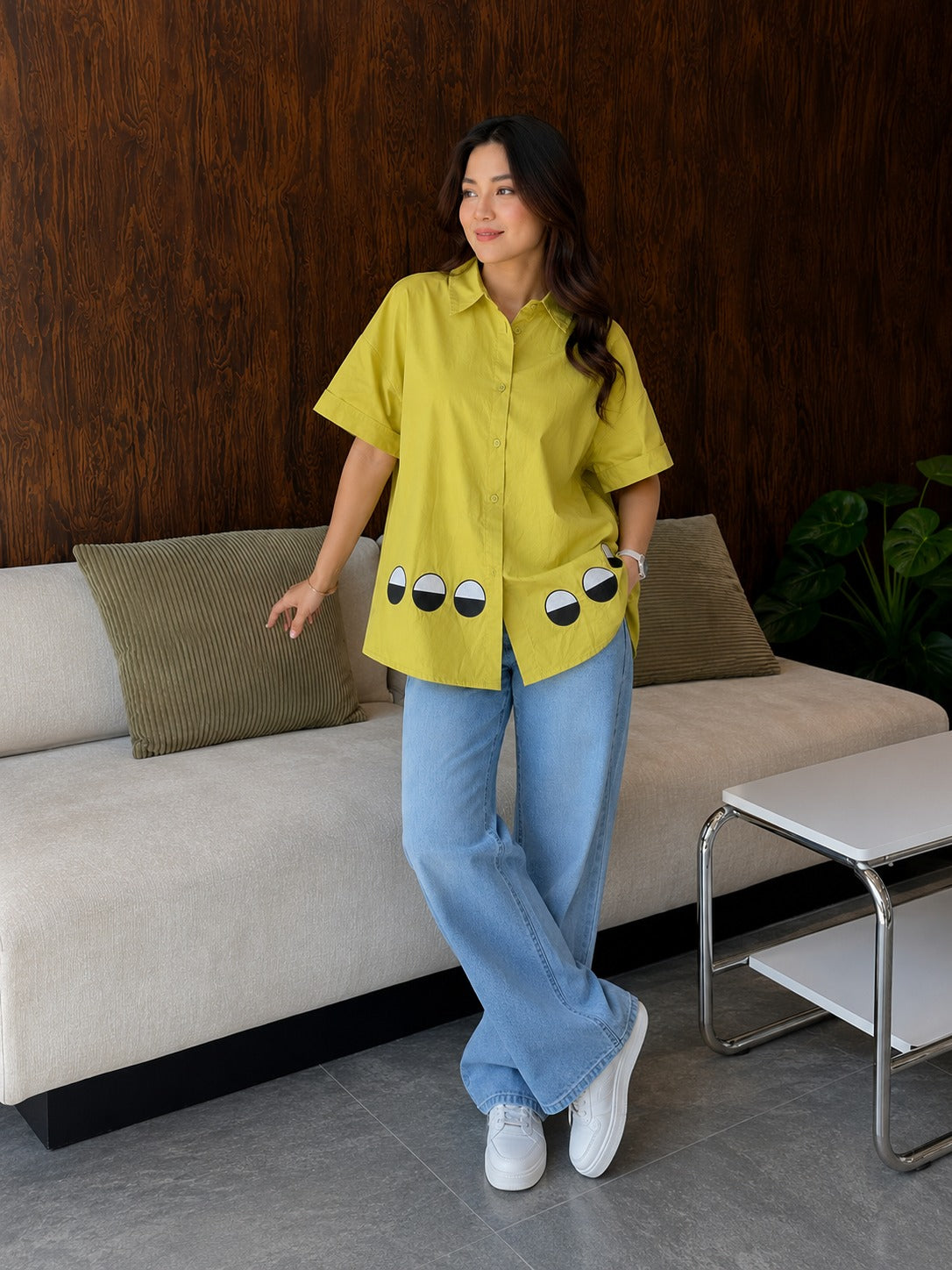 Chartreuse Green Graphic Applique Cotton Shirt