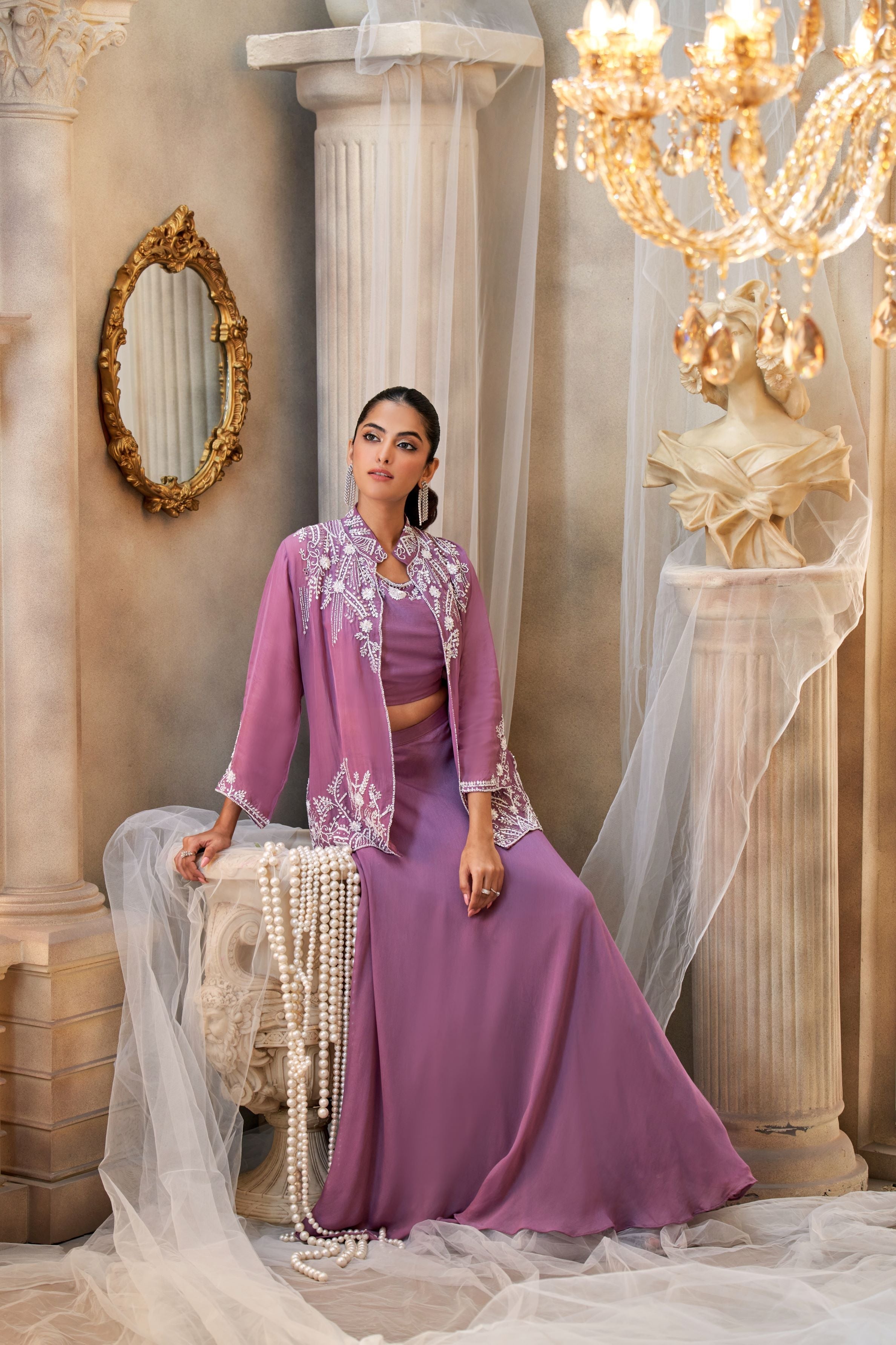 Deep Mauve Embellished Jacket-Skirt Set