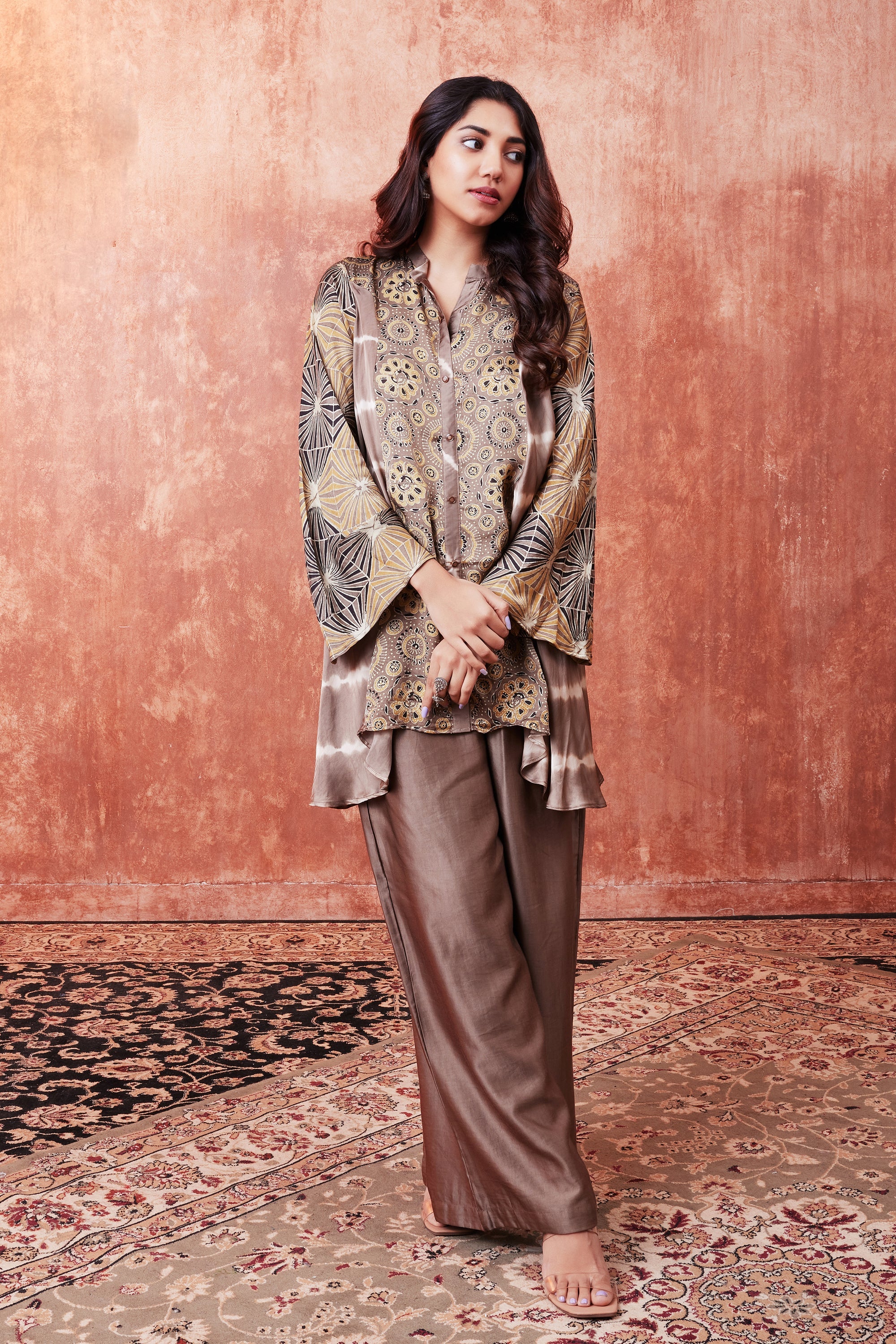 Beige Ajrakh Printed Habutai Silk Kurta Palazzo Set