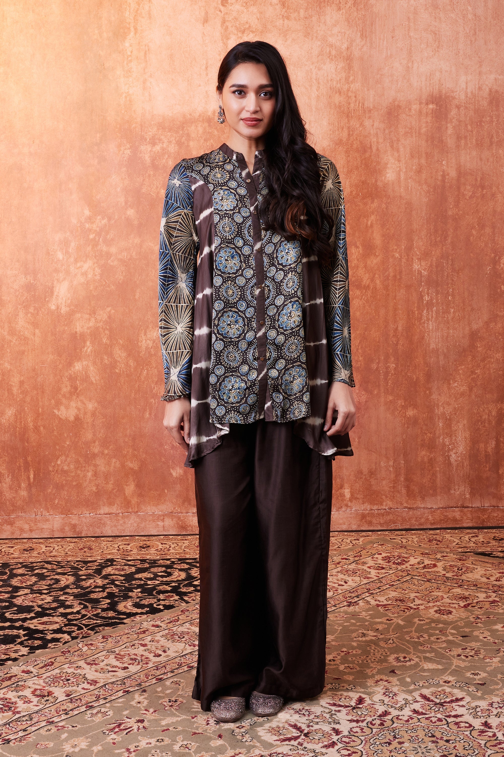 Warm Brown Ajrakh Printed Habutai Silk Kurta Palazzo Set