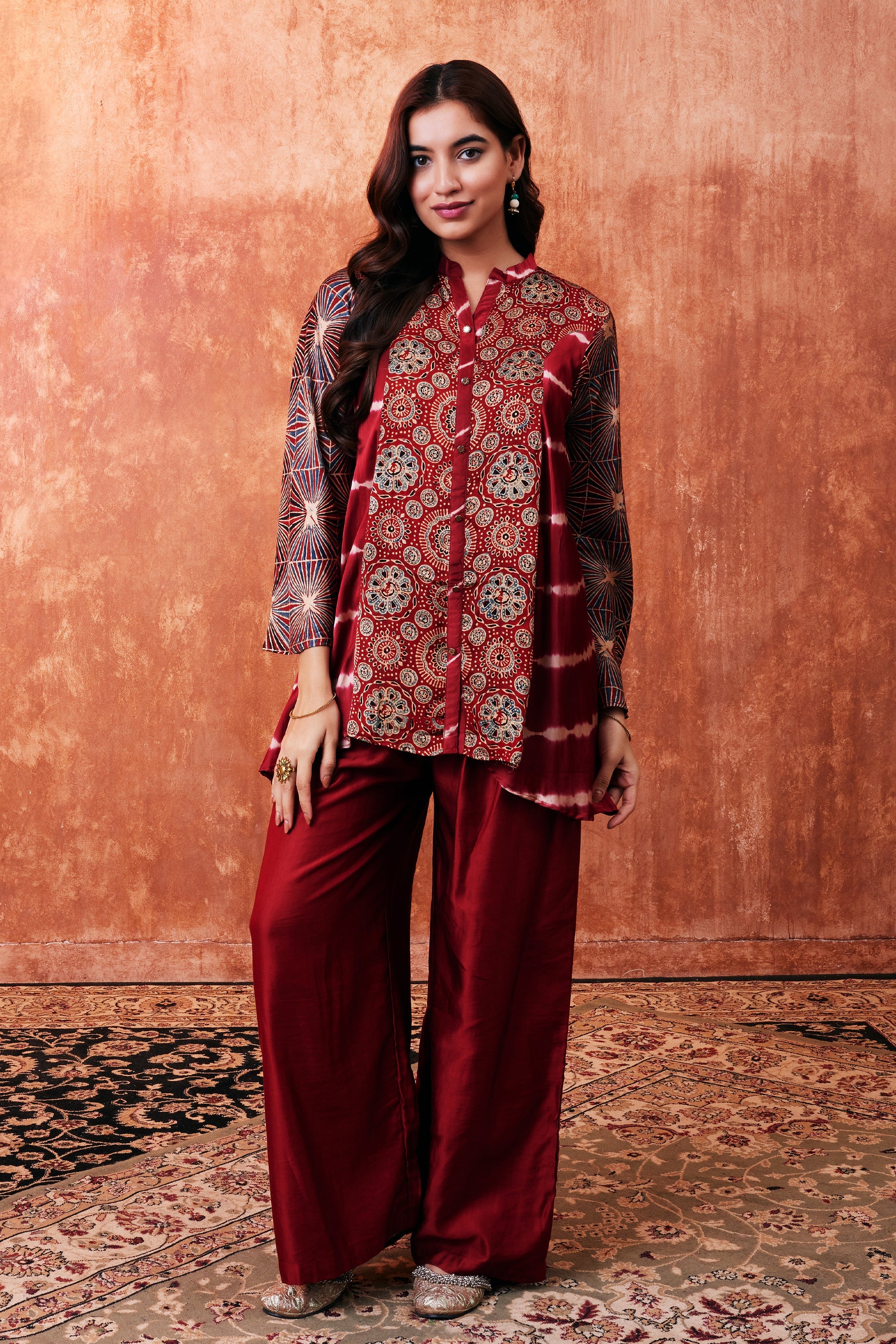 Ruby Red Ajrakh Printed Habutai Silk Kurta Palazzo Set