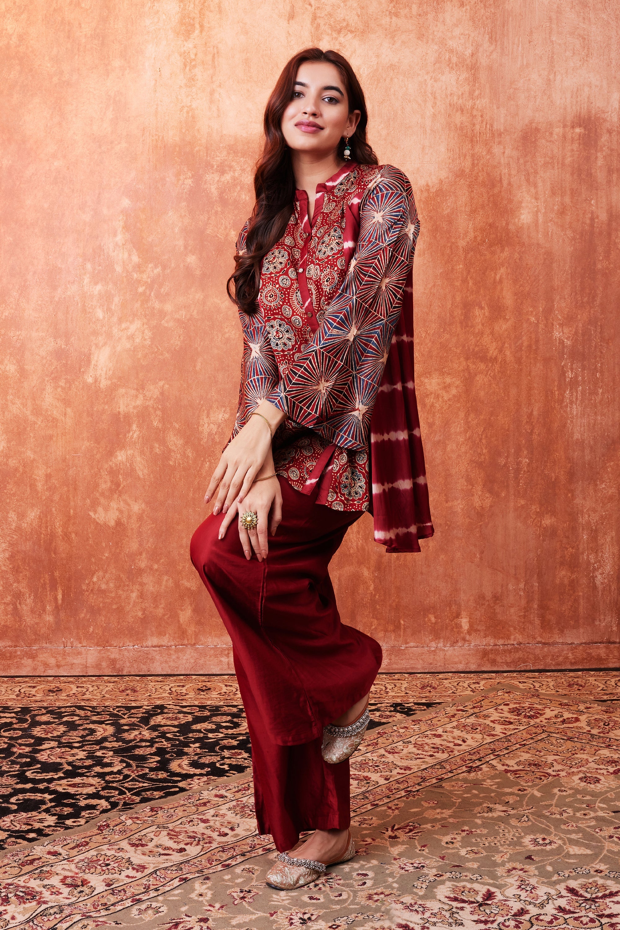 Ruby Red Ajrakh Printed Habutai Silk Kurta Palazzo Set