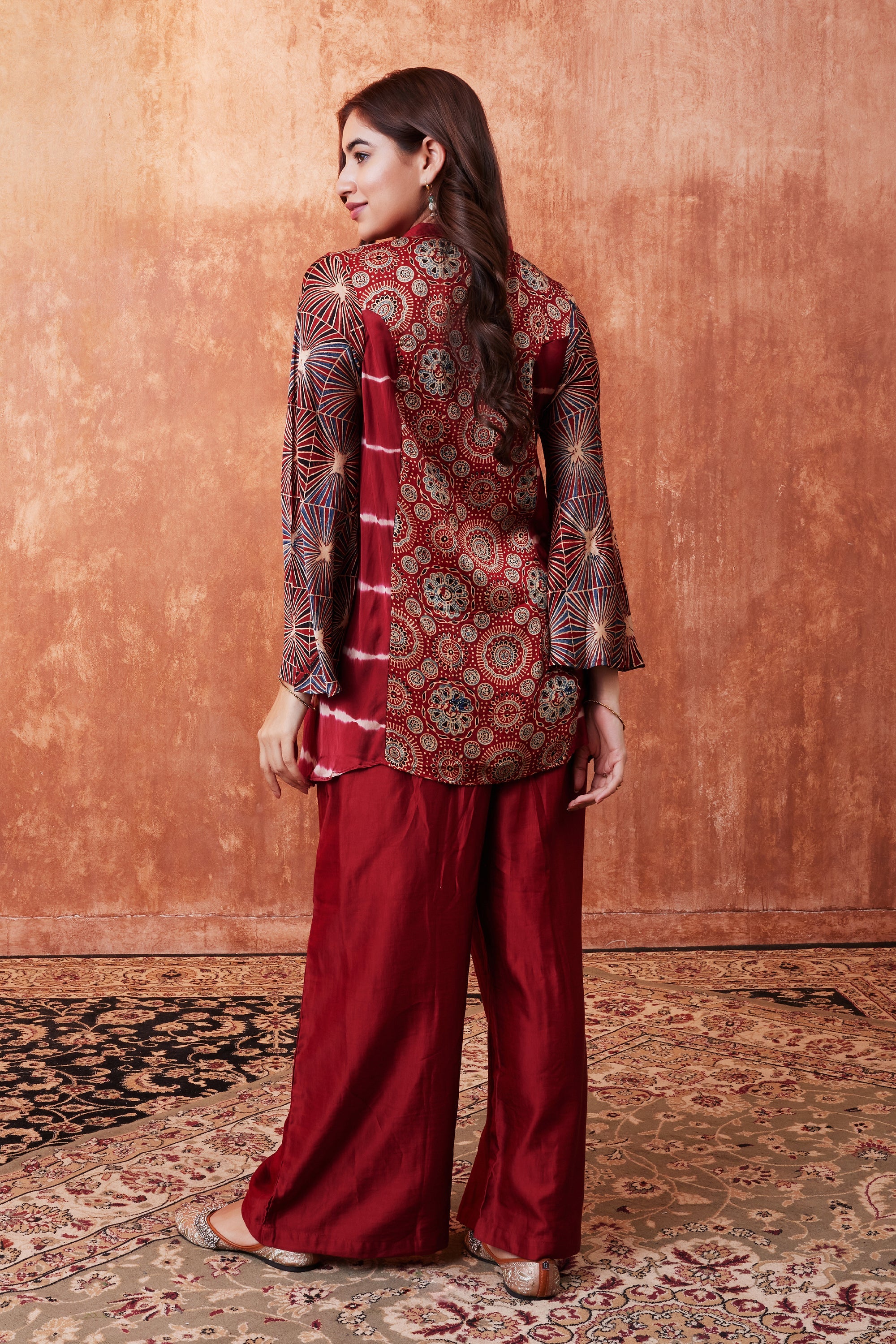 Ruby Red Ajrakh Printed Habutai Silk Kurta Palazzo Set