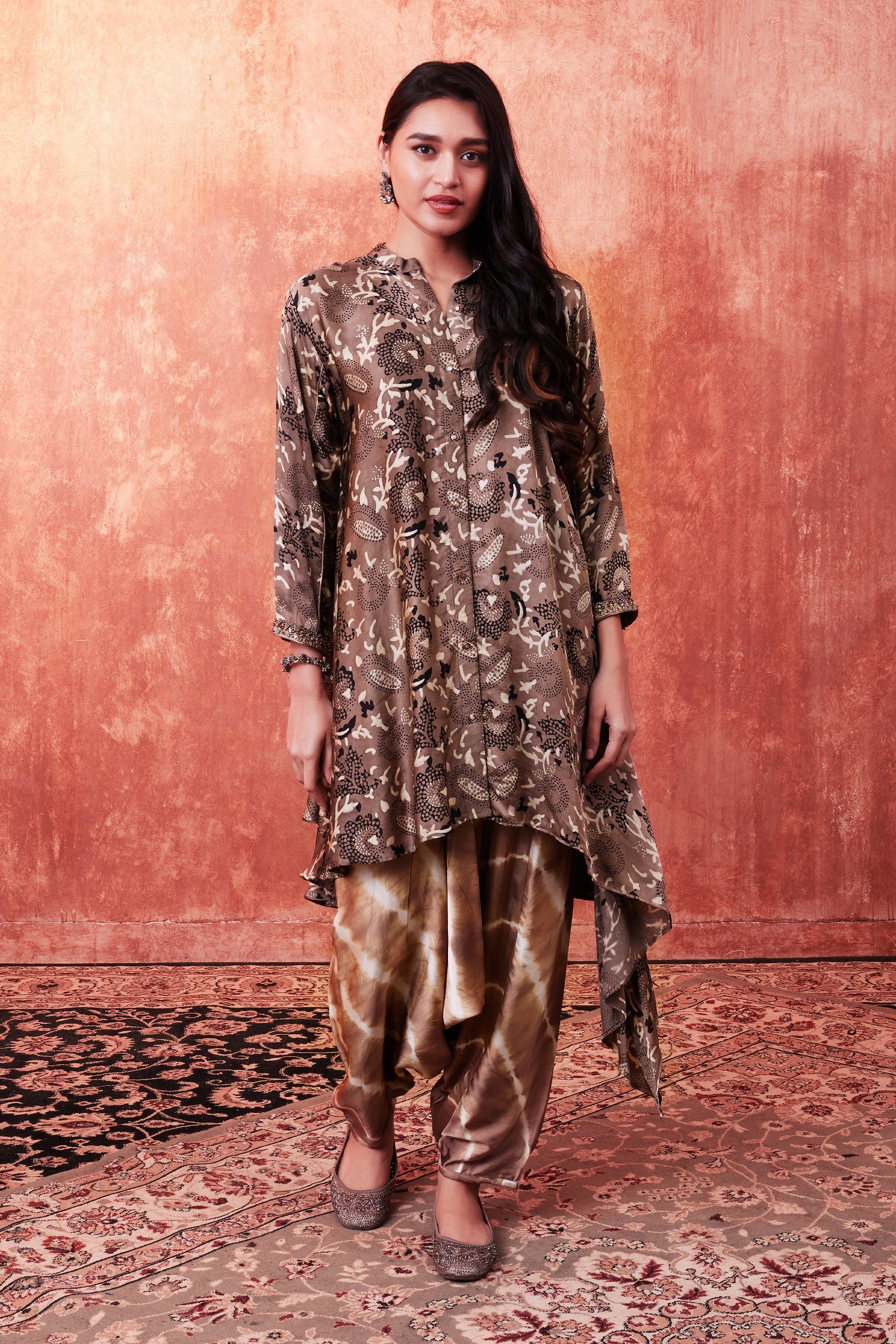 Beige Ajrakh Printed Habutai Silk Kurta Salwar Set