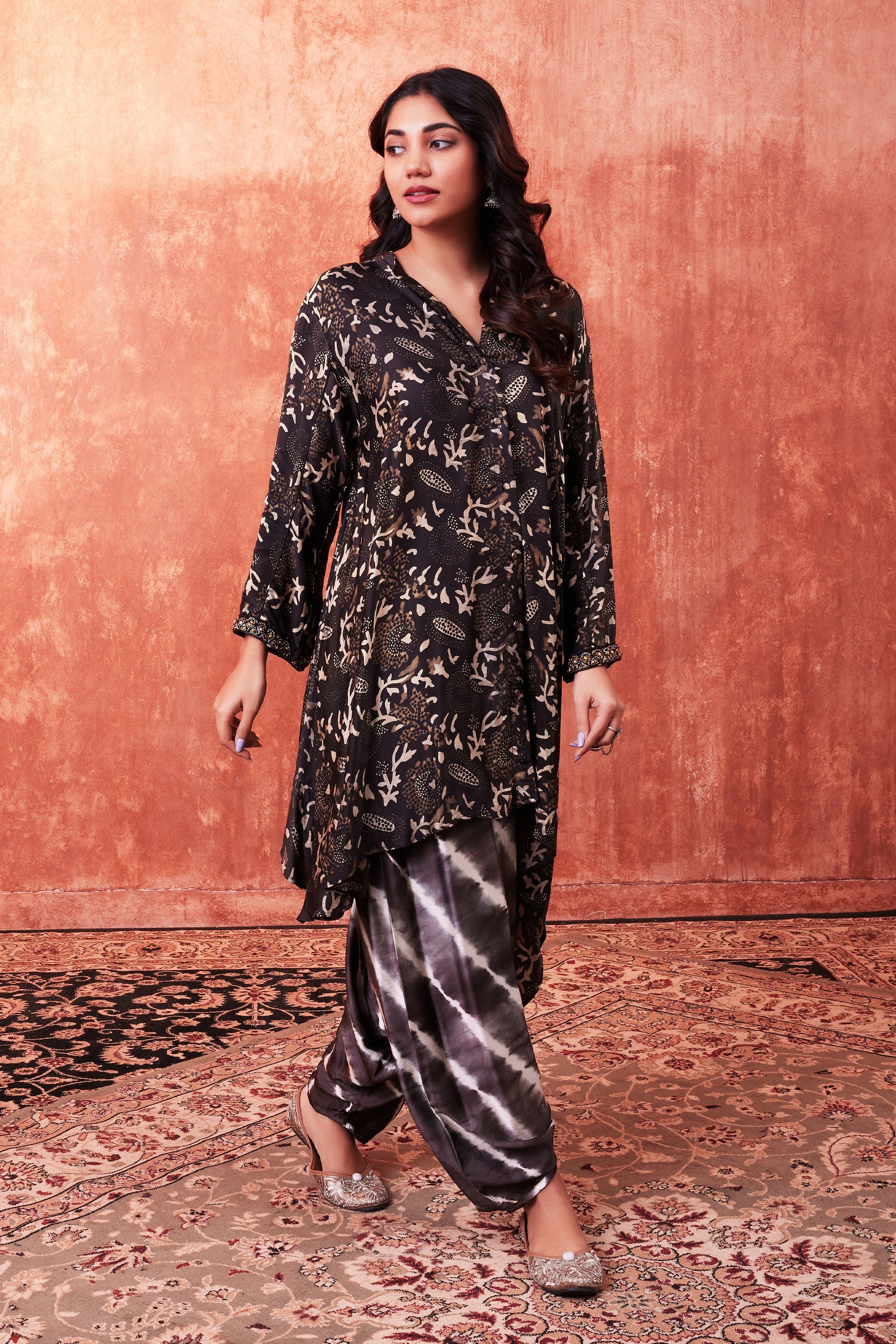 Black Ajrakh Printed Habutai Silk Kurta Salwar Set