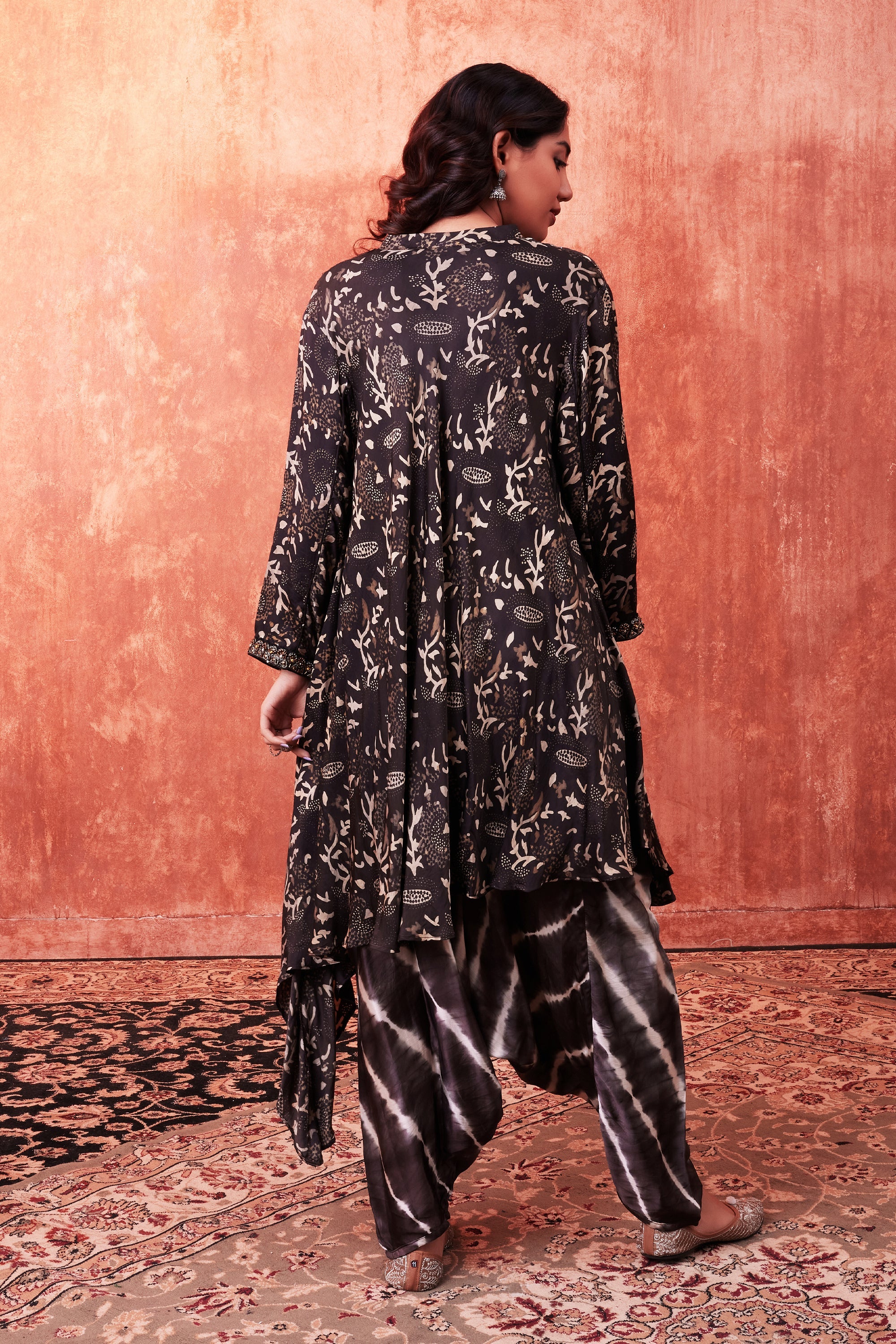 Black Ajrakh Printed Habutai Silk Kurta Salwar Set