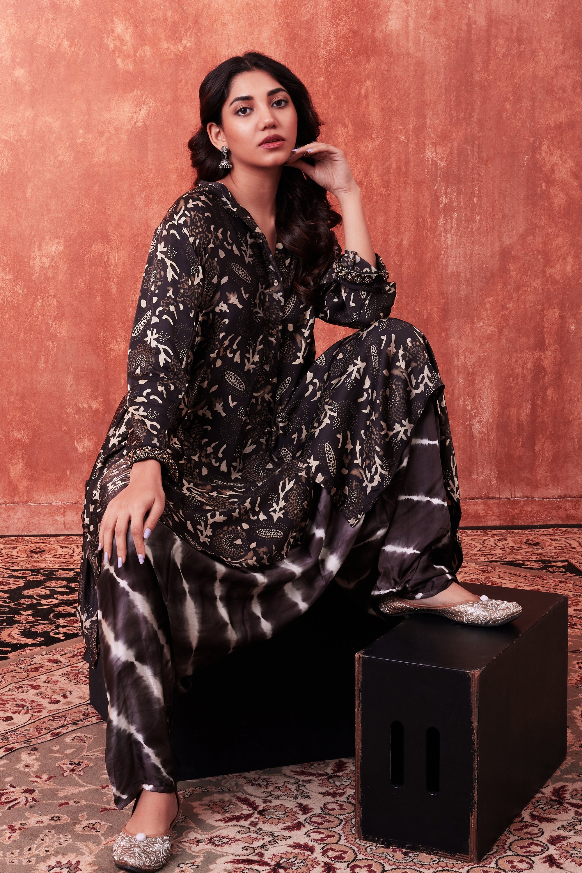 Black Ajrakh Printed Habutai Silk Kurta Salwar Set