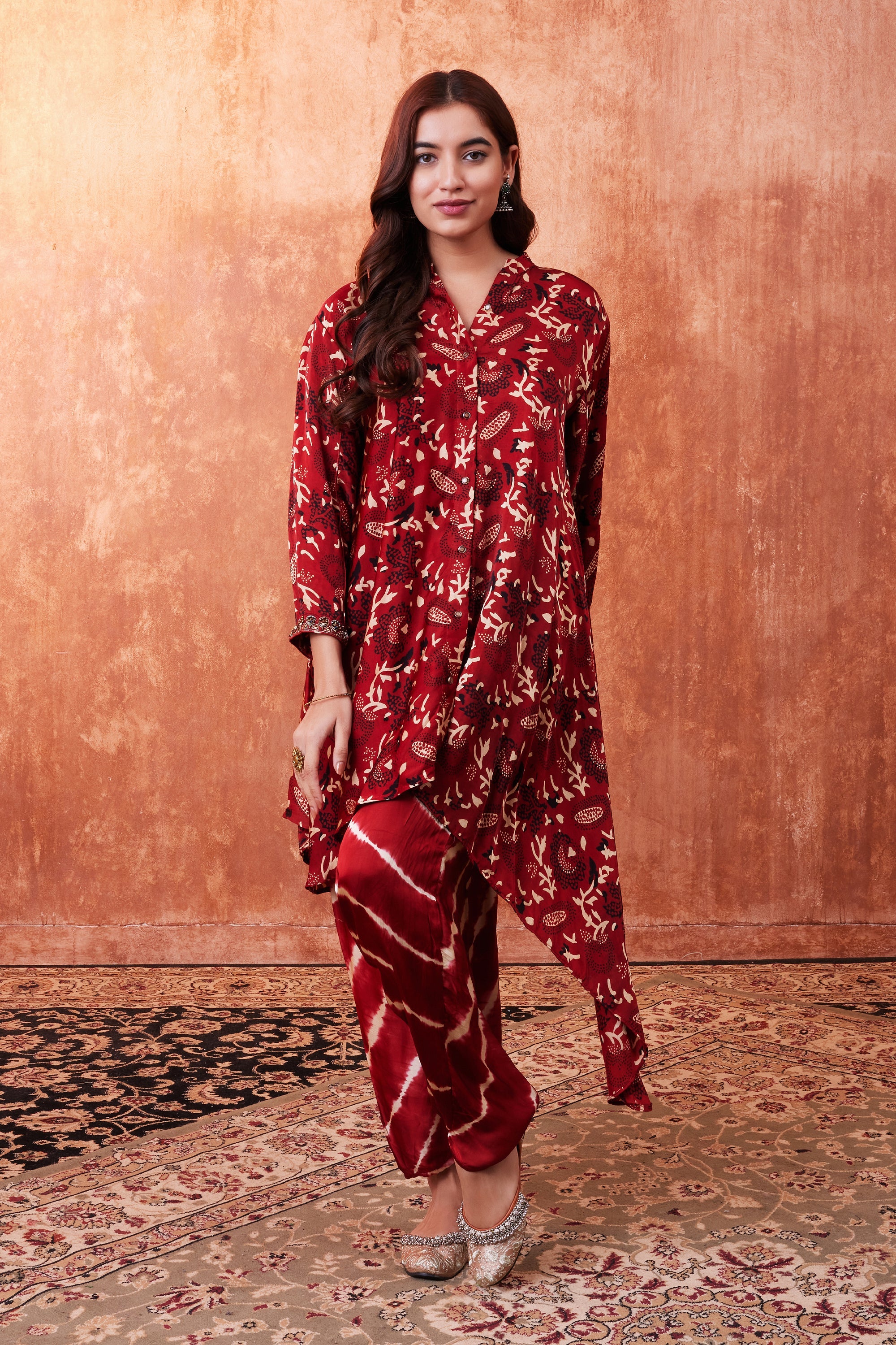 Ruby Red Ajrakh Printed Habutai Silk Kurta Salwar Set