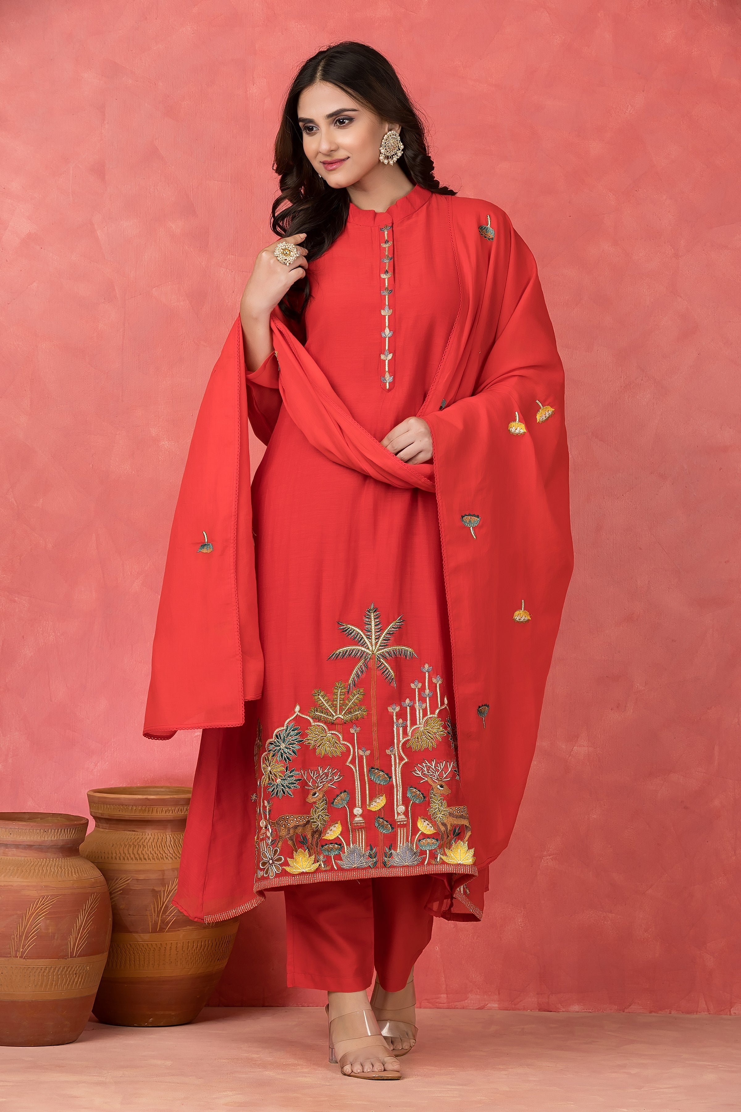 Scarlet Embroidered Mul Chanderi Silk Pant Set