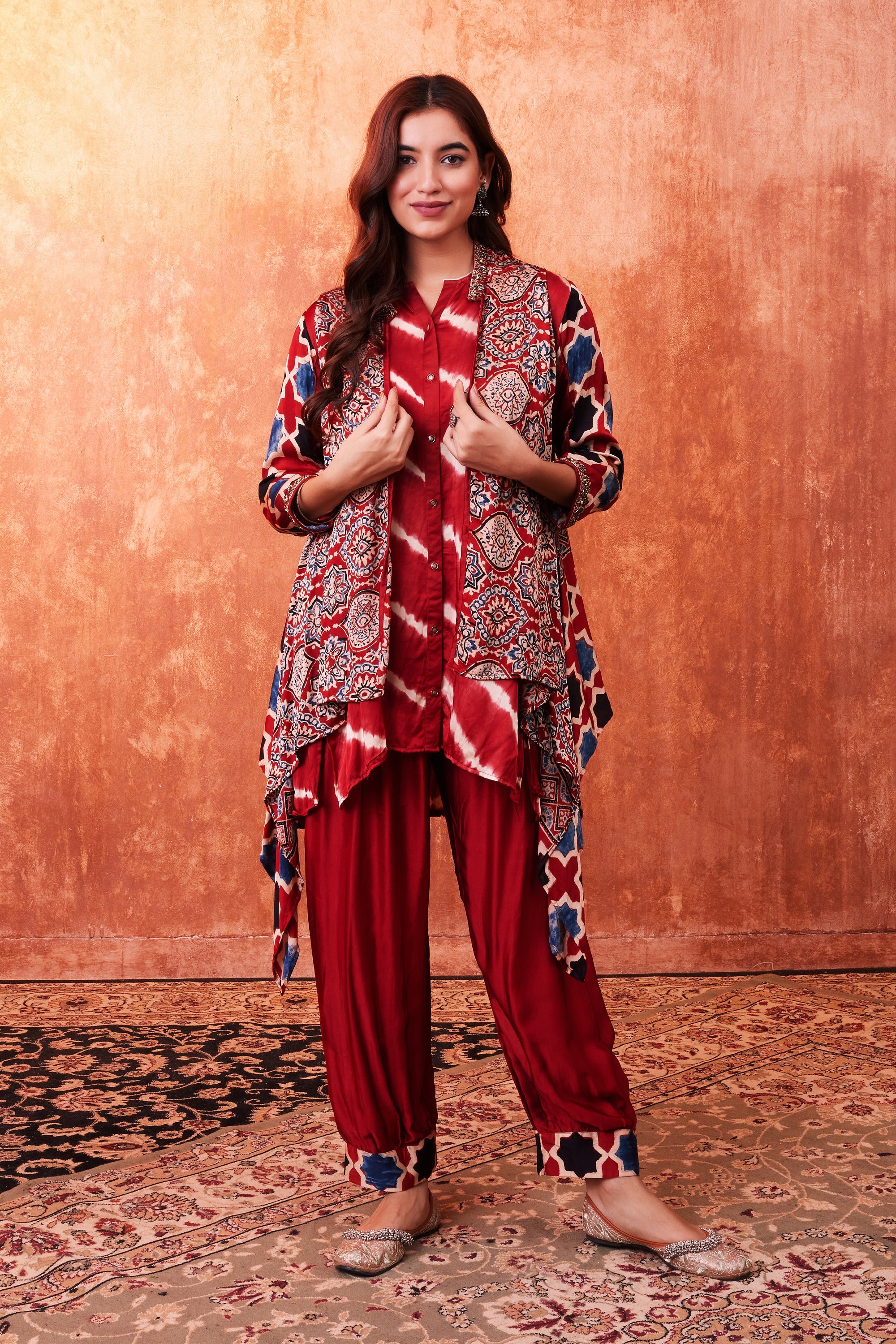 Red Multicolor Ajrakh Printed Habutai Silk Cape Suit Set