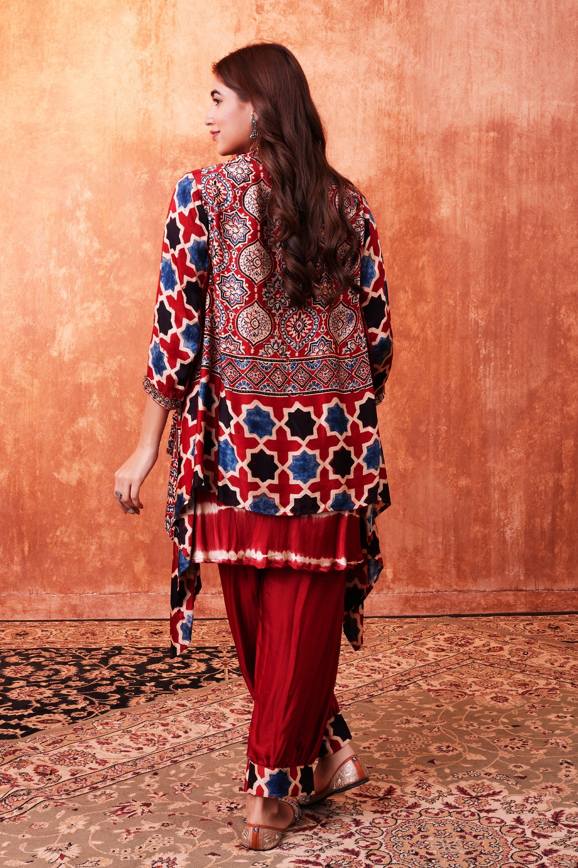 Red Multicolor Ajrakh Printed Habutai Silk Cape Suit Set