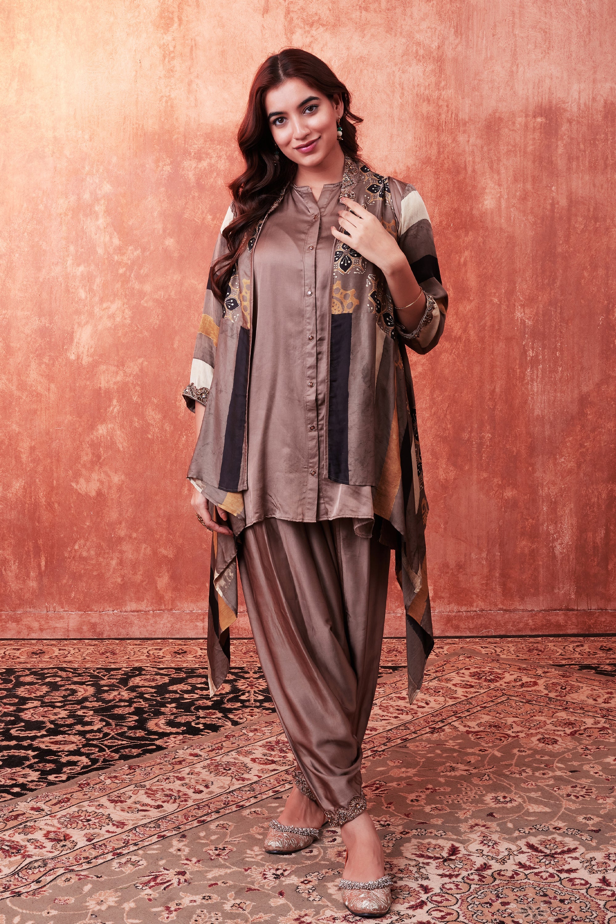 Beige Ajrakh Printed Habutai Silk Cape Suit Set