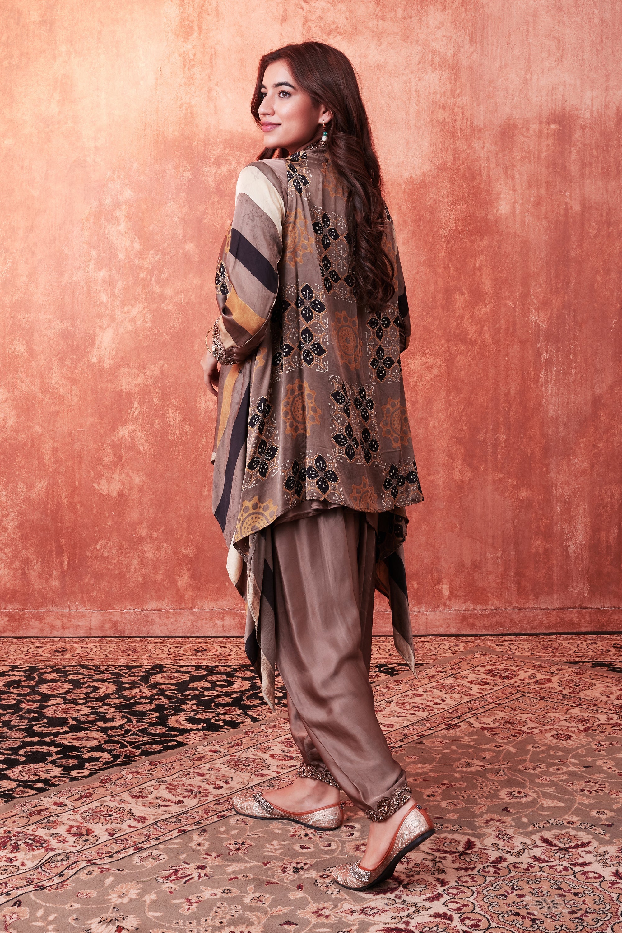 Beige Ajrakh Printed Habutai Silk Cape Suit Set