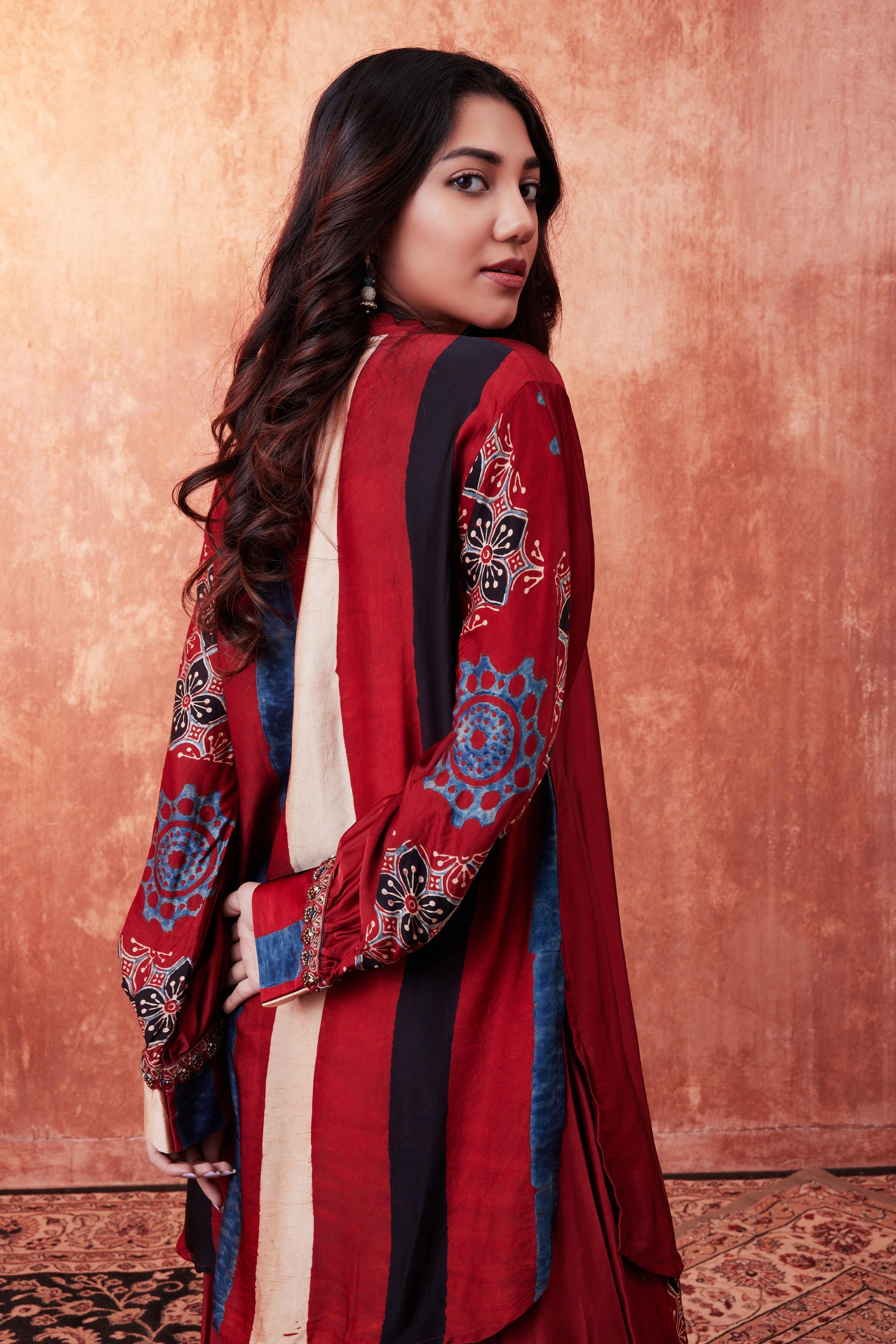 Red MultiColor Ajrakh Printed Habutai Silk Co-Ord Set