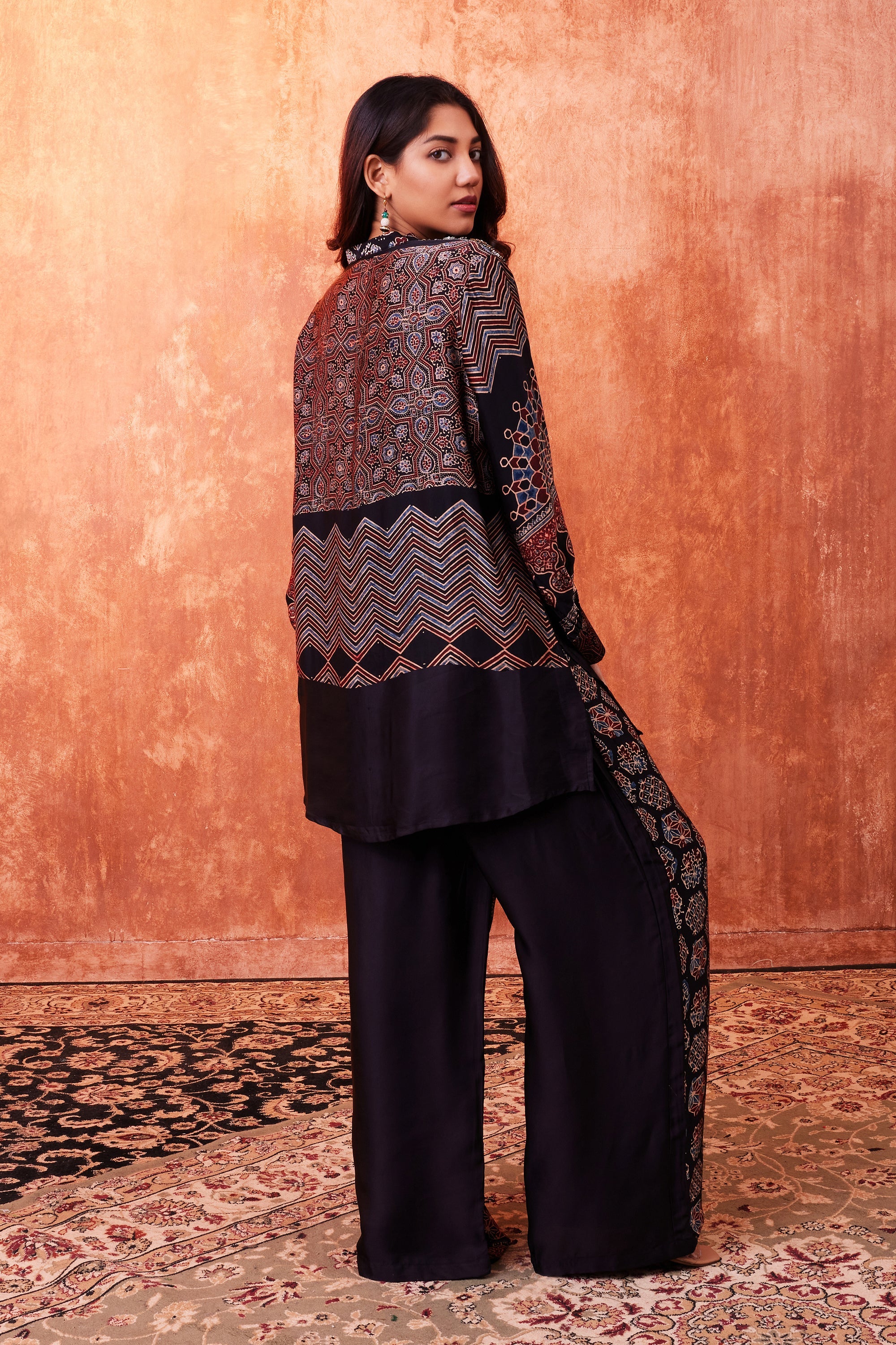Warm Black Ajrakh Printed Habutai Silk Co-Ord Set
