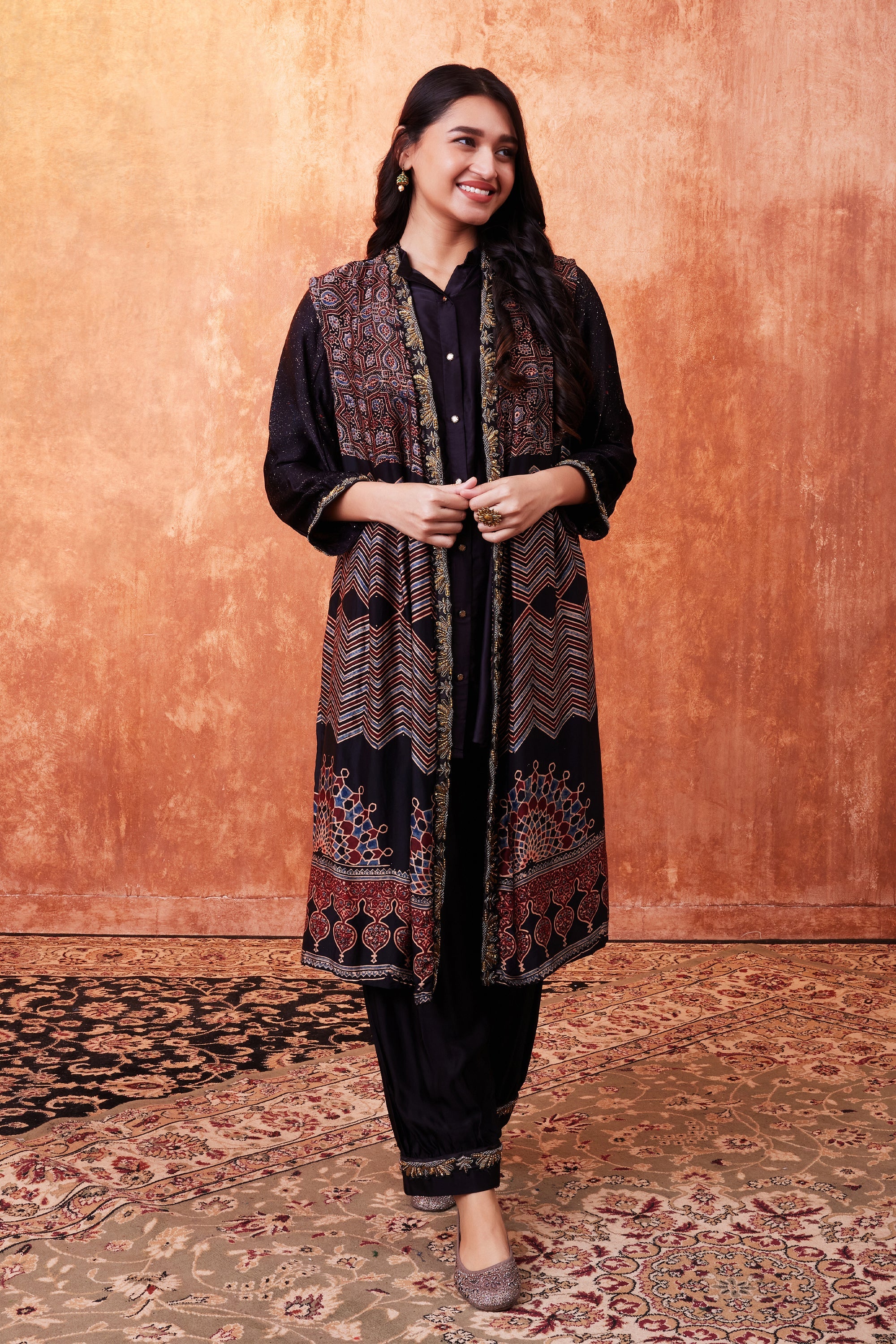 Black Ajrakh Printed Habutai Silk Cape Co-Ord Set