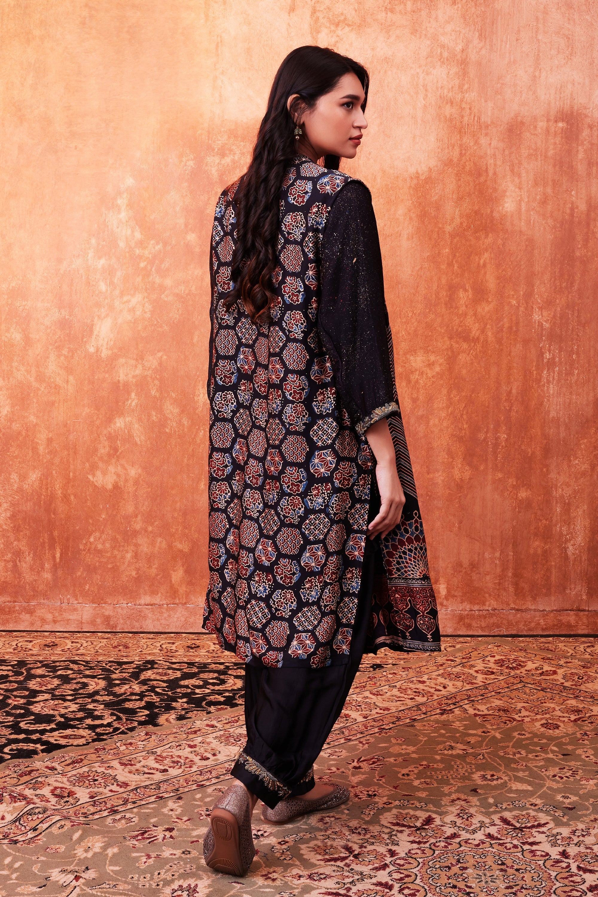 Black Ajrakh Printed Habutai Silk Cape Co-Ord Set