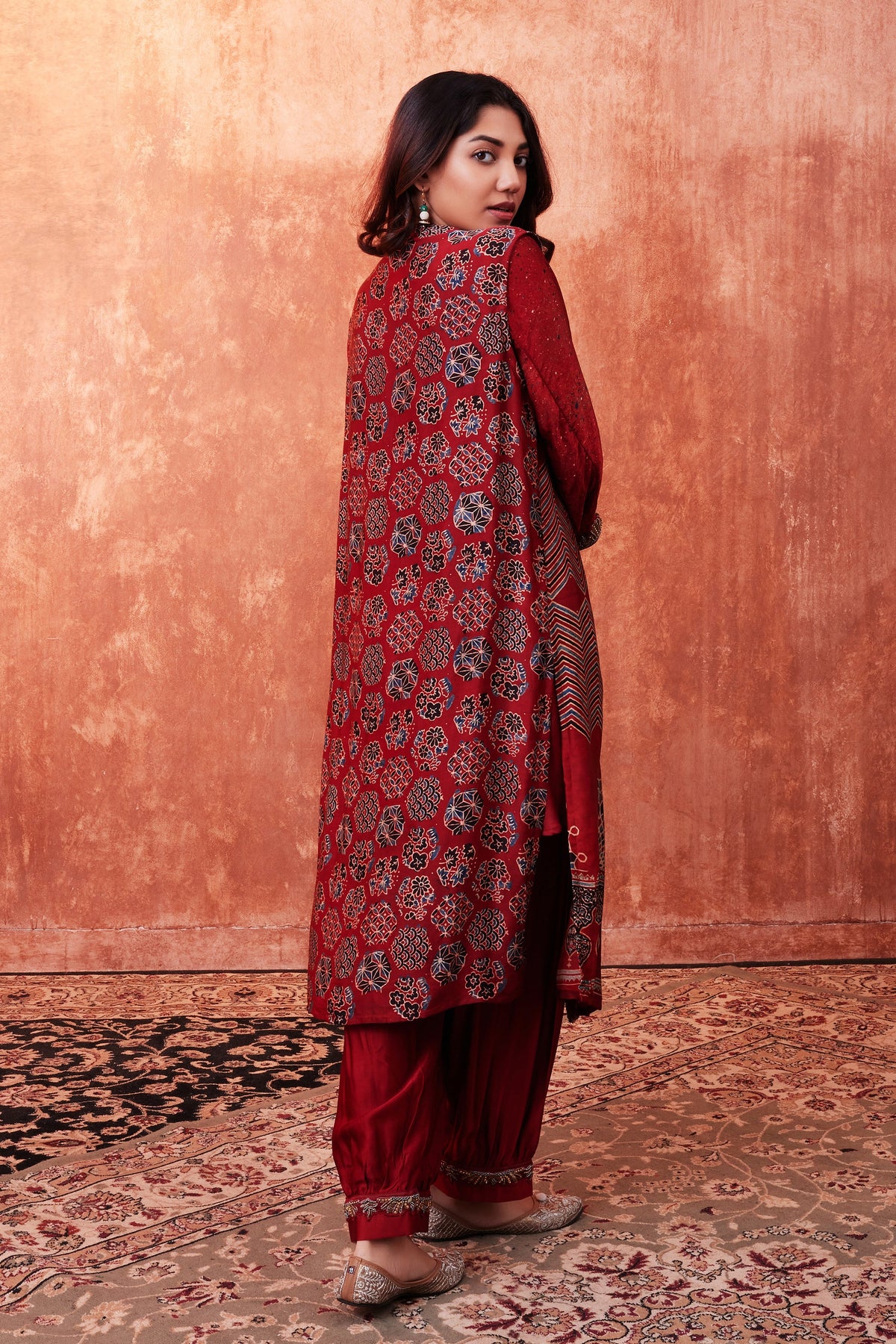 Ruby Red Ajrakh Printed Premium Silk Cape Jacket Set