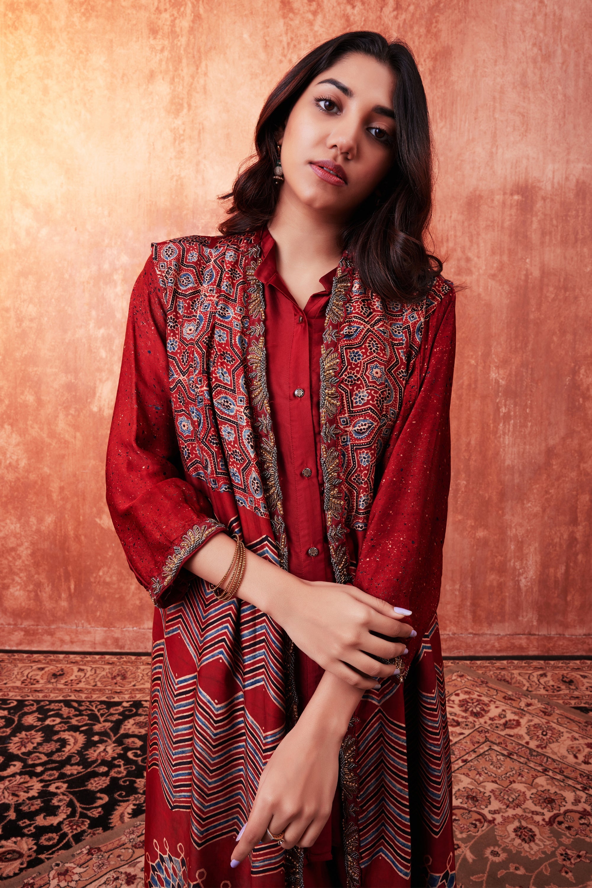 Cherry Red Ajrakh Printed Habutai Silk Cape Co-Ord Set