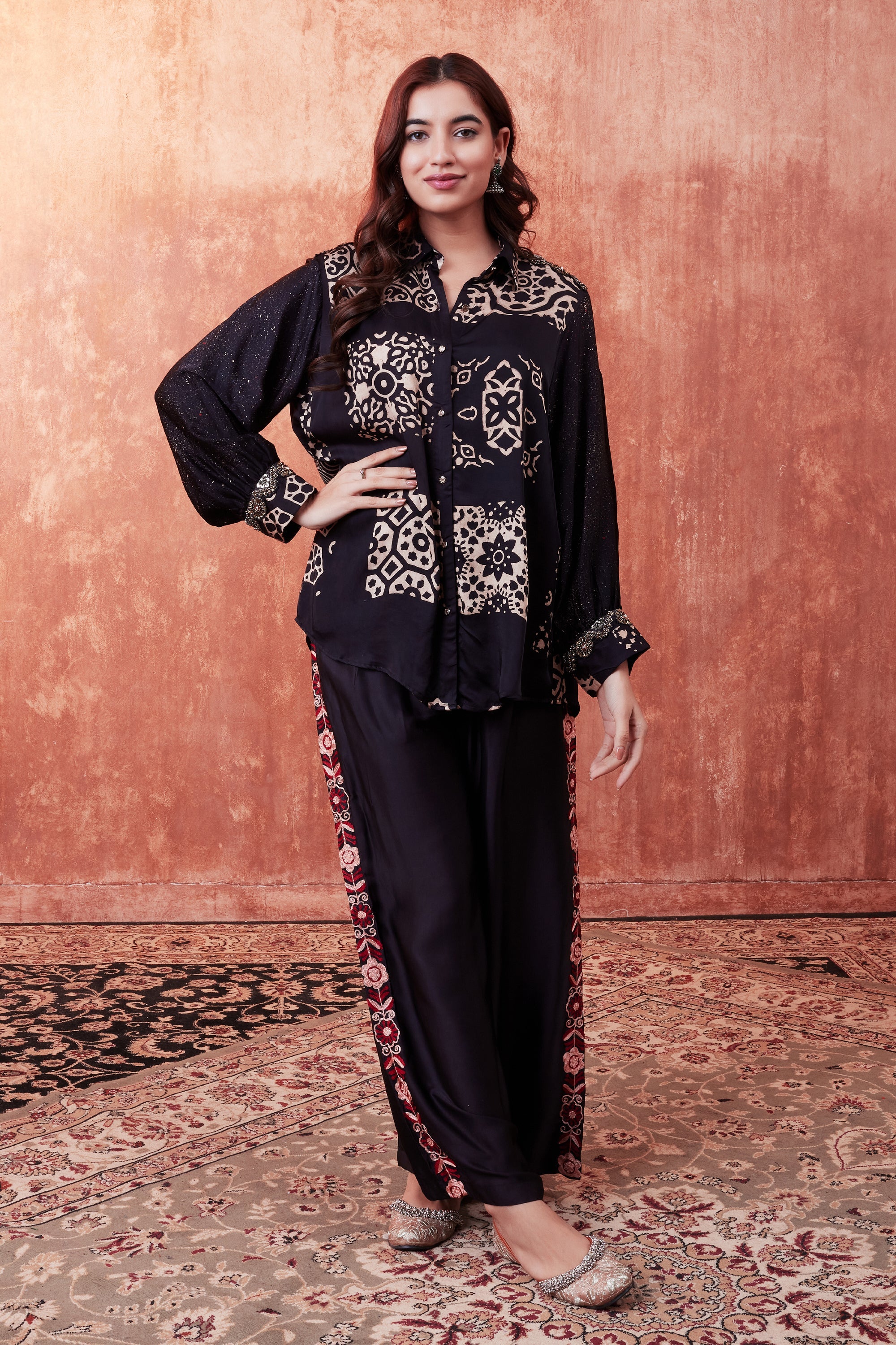 Black Ajrakh Printed Habutai Silk Co-Ord Set