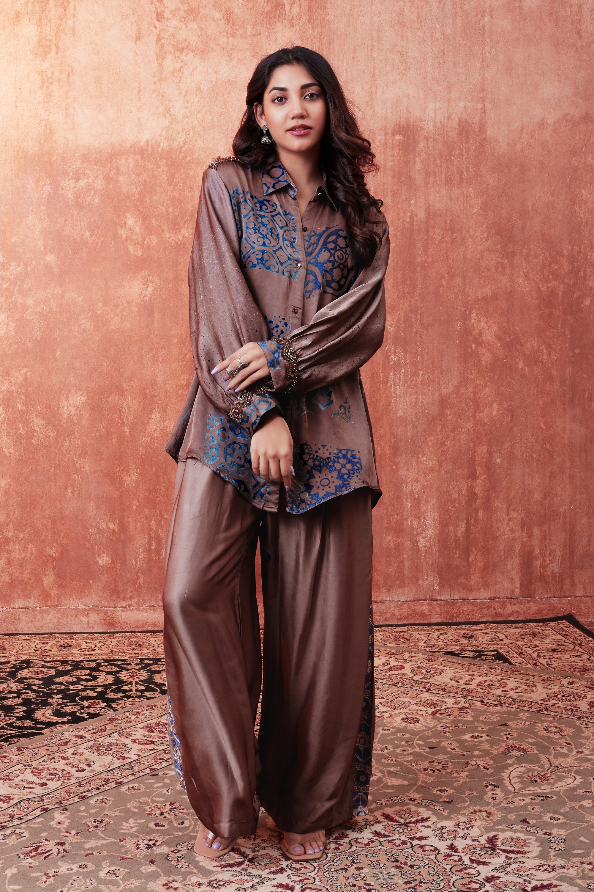 Pale Rose Gold Ajrakh Printed Habutai Silk Co-Ord Set