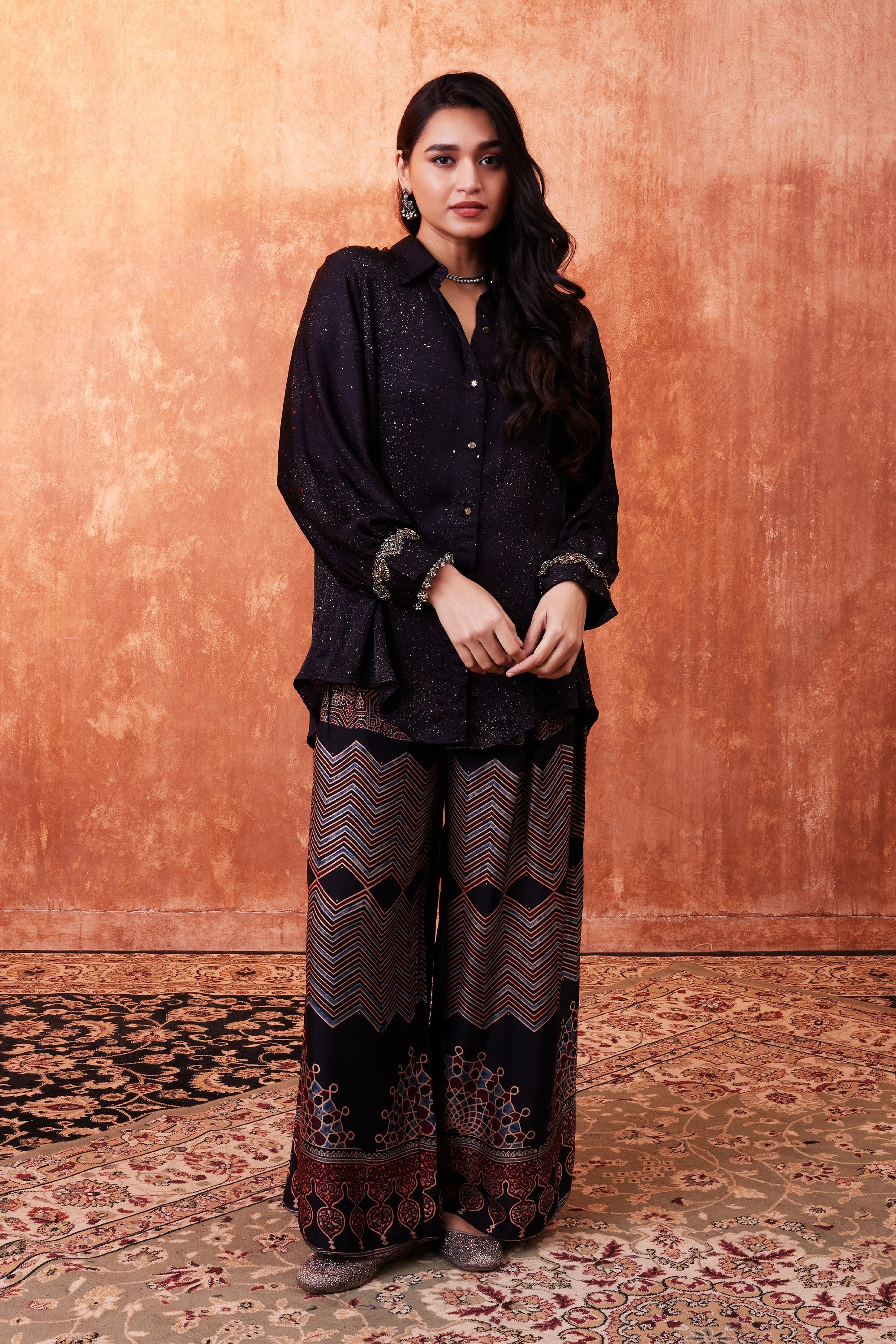 Black Ajrakh Printed Habutai Silk Co-Ord Set