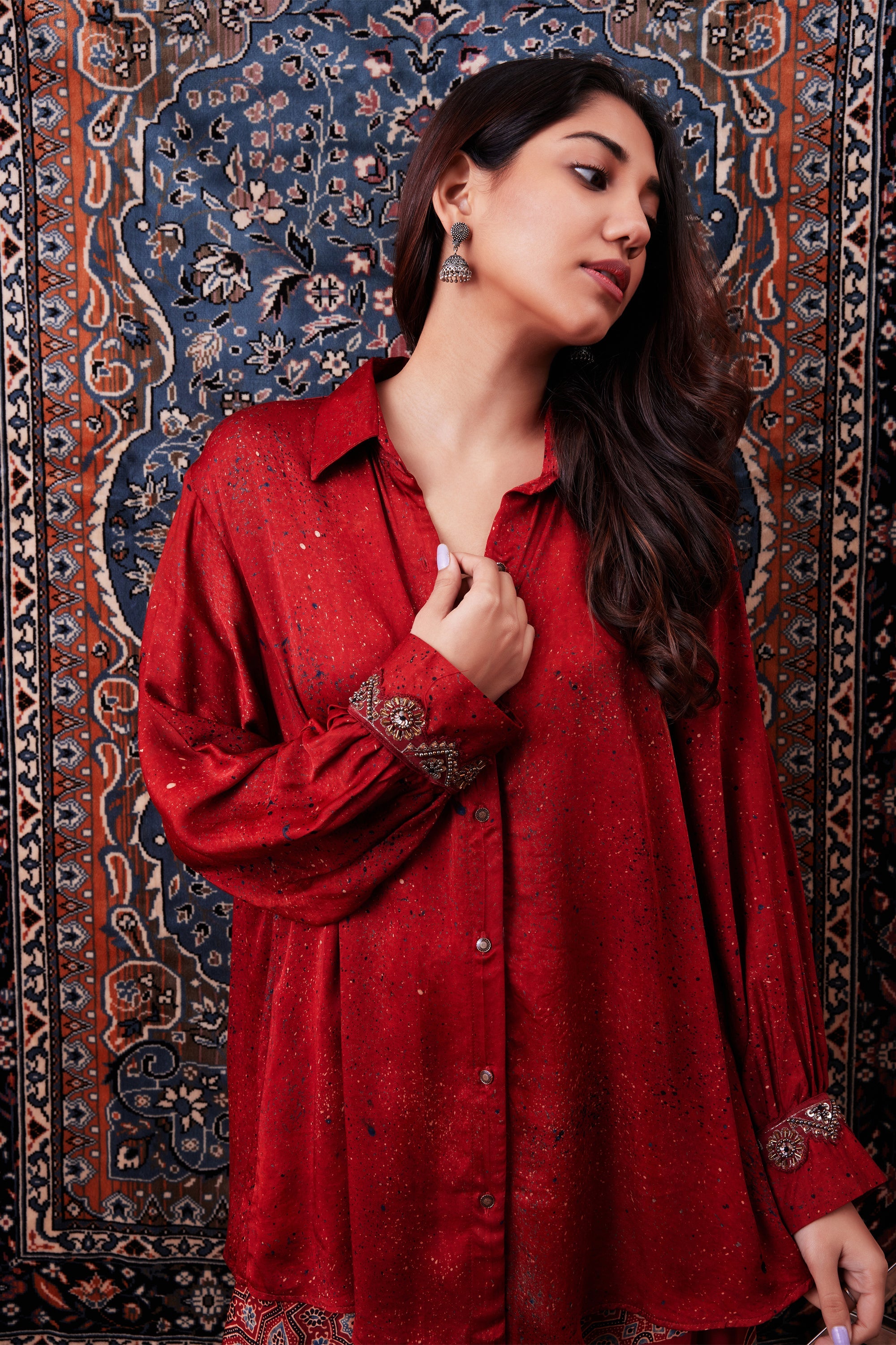 Garnet Red Ajrakh Printed Premium Silk Co-Ord Set