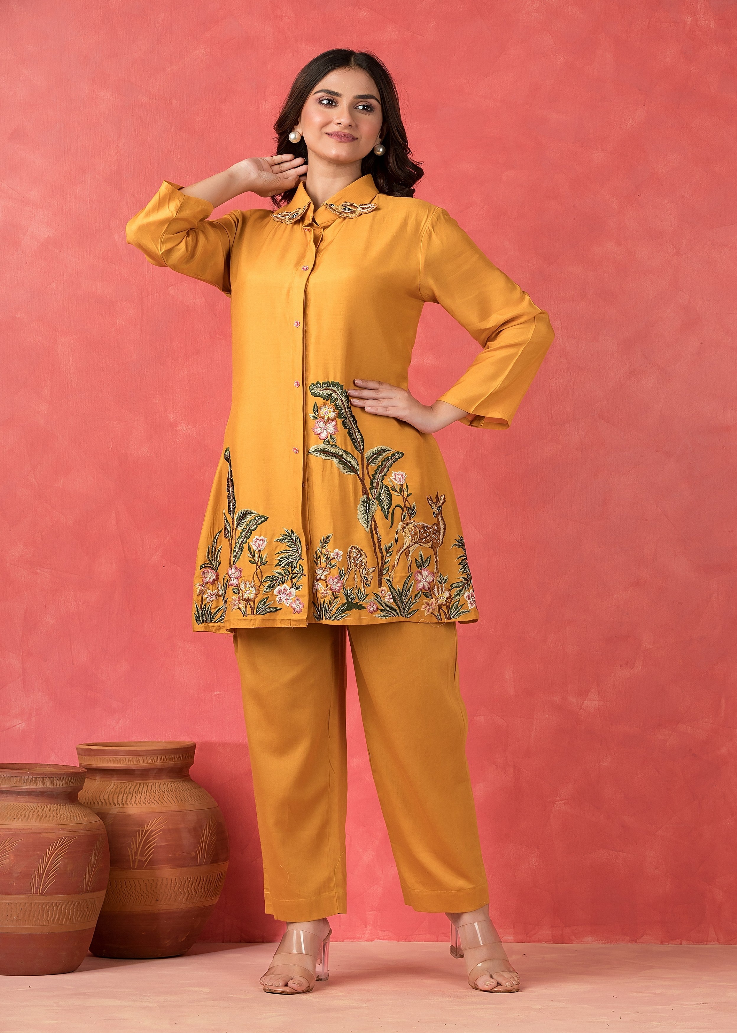 Golden Yellow Embroidered Muslin Silk Co-Ord Set