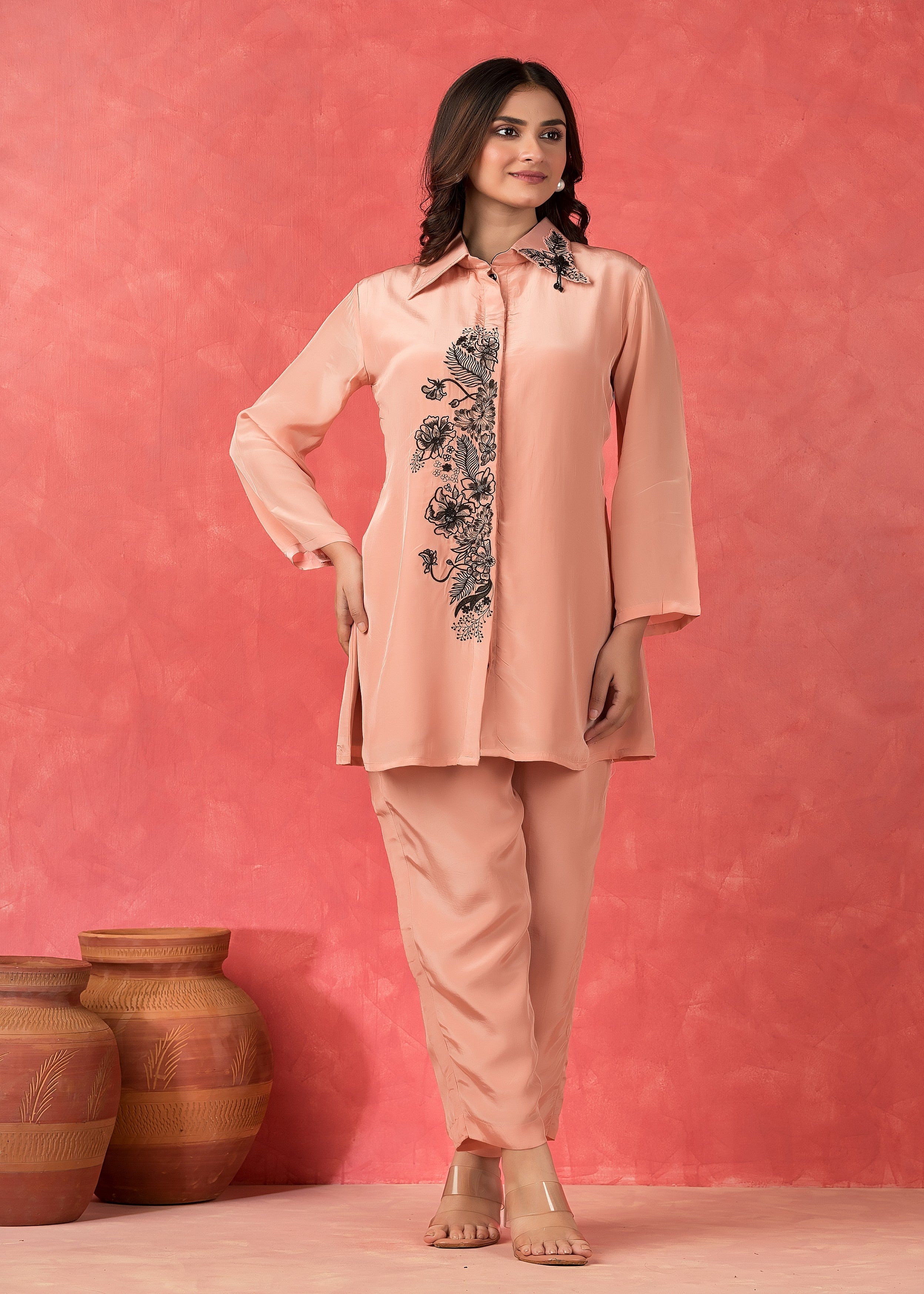 Peach Floral Embroidered Crepe Silk Co-Ord Set