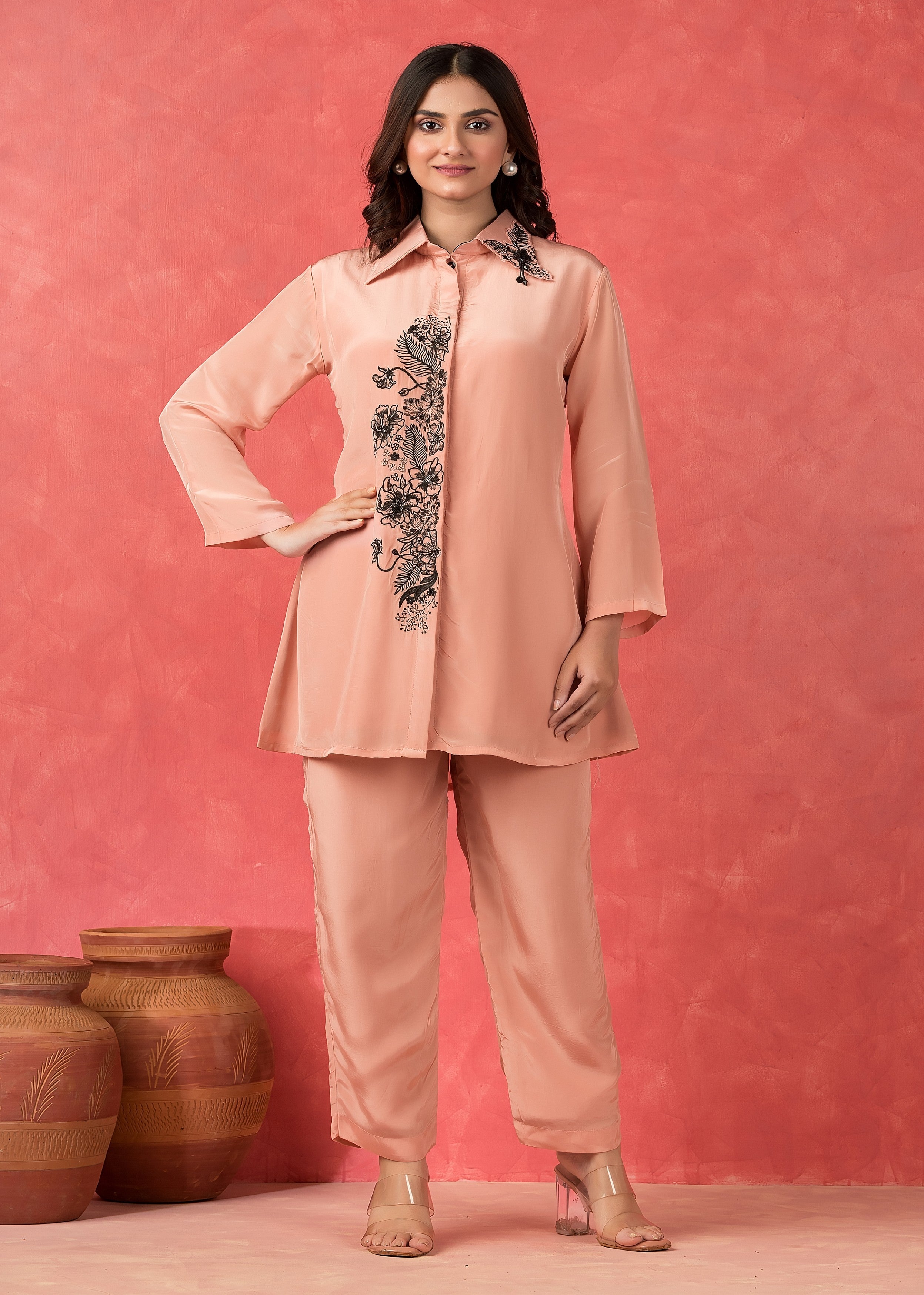 Peach Floral Embroidered Crepe Silk Co-Ord Set