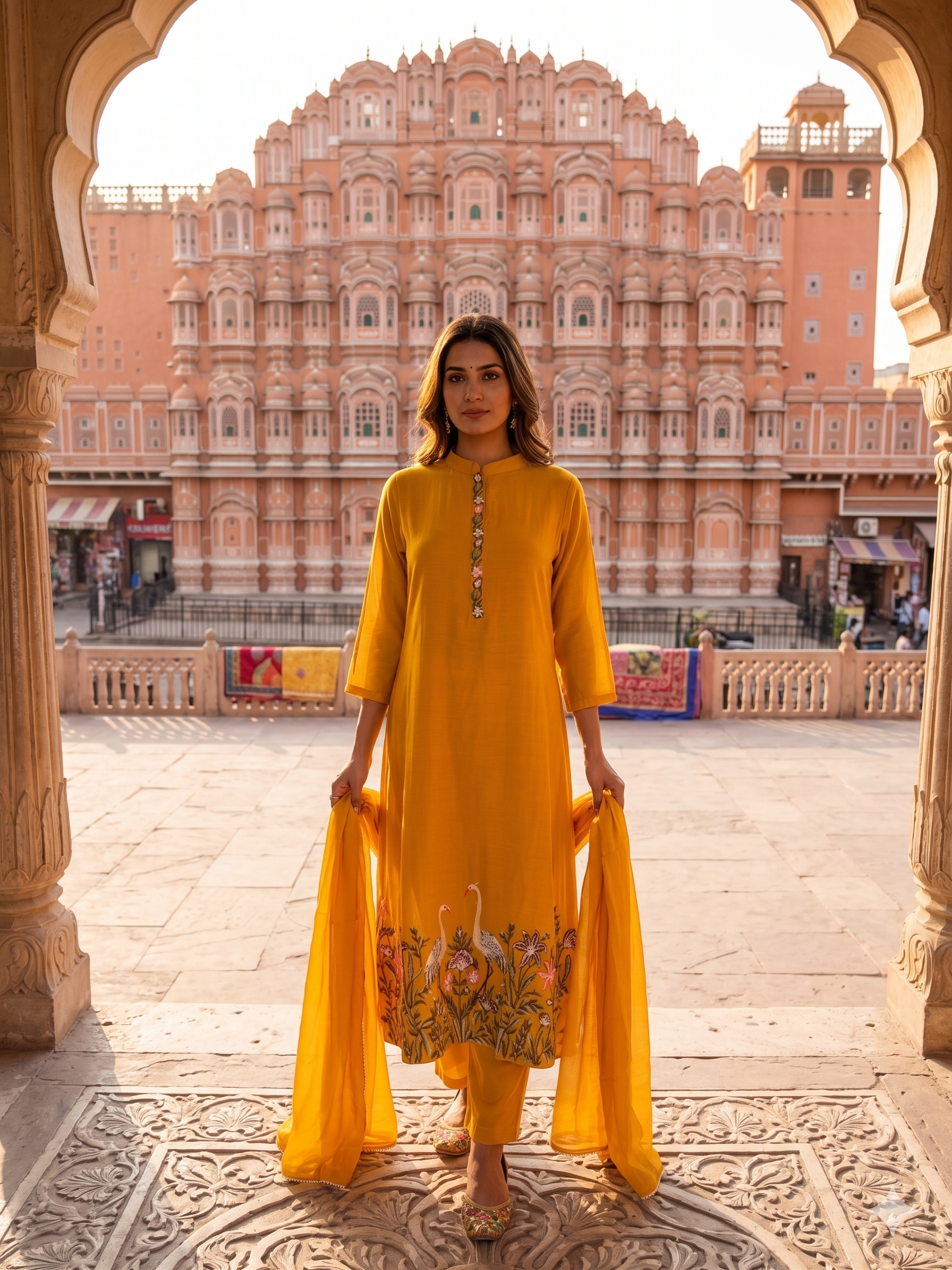 Mustard Crane Embroidered Mul-Chanderi Pant Set