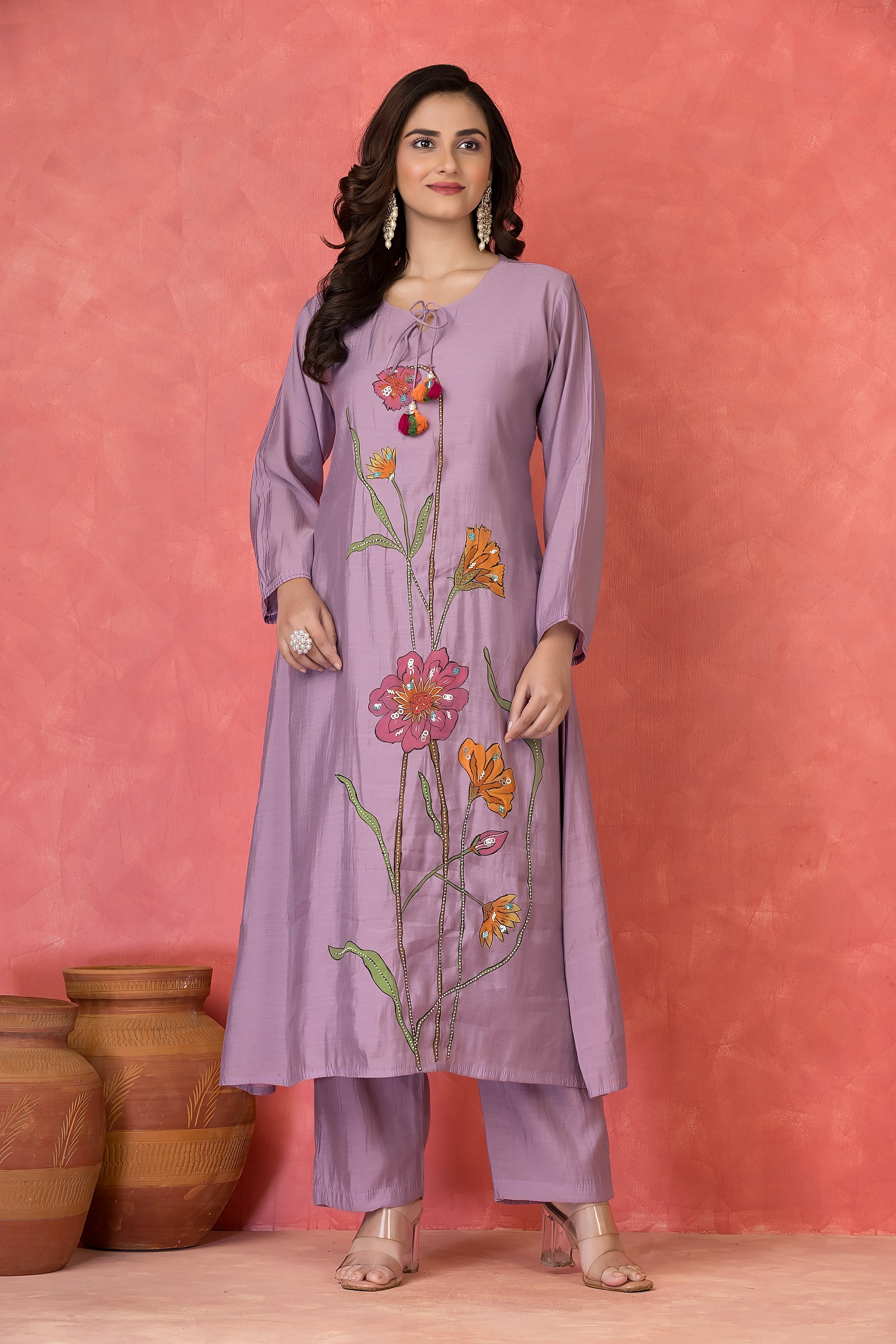 Lavender Bloom Embellished Premium Silk Kurta Set