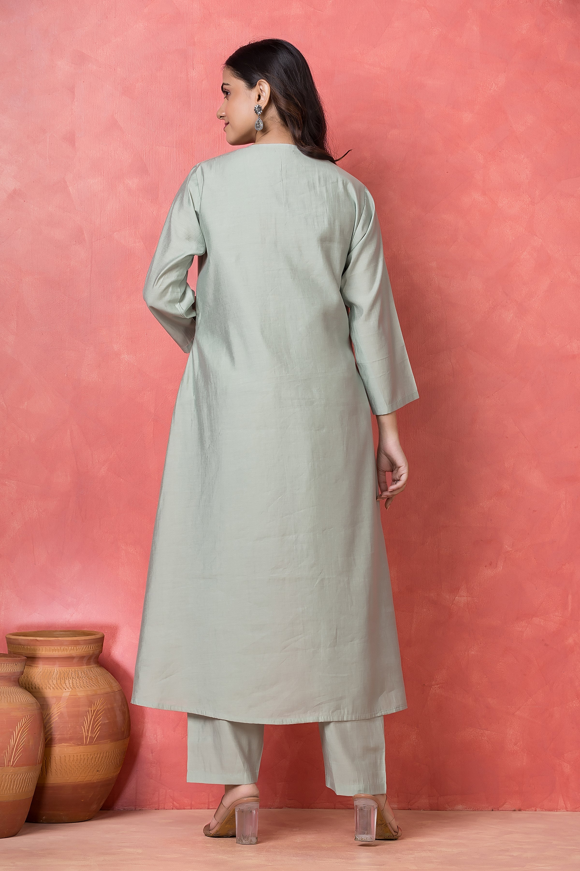 Seafoam Bloom Embellished Premium Silk Kurta Set