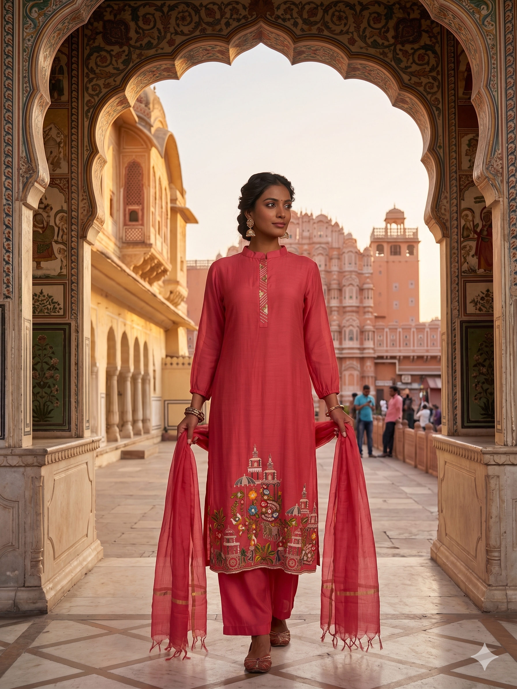Coral Regal Embroidered Mul-Chanderi Pant Set