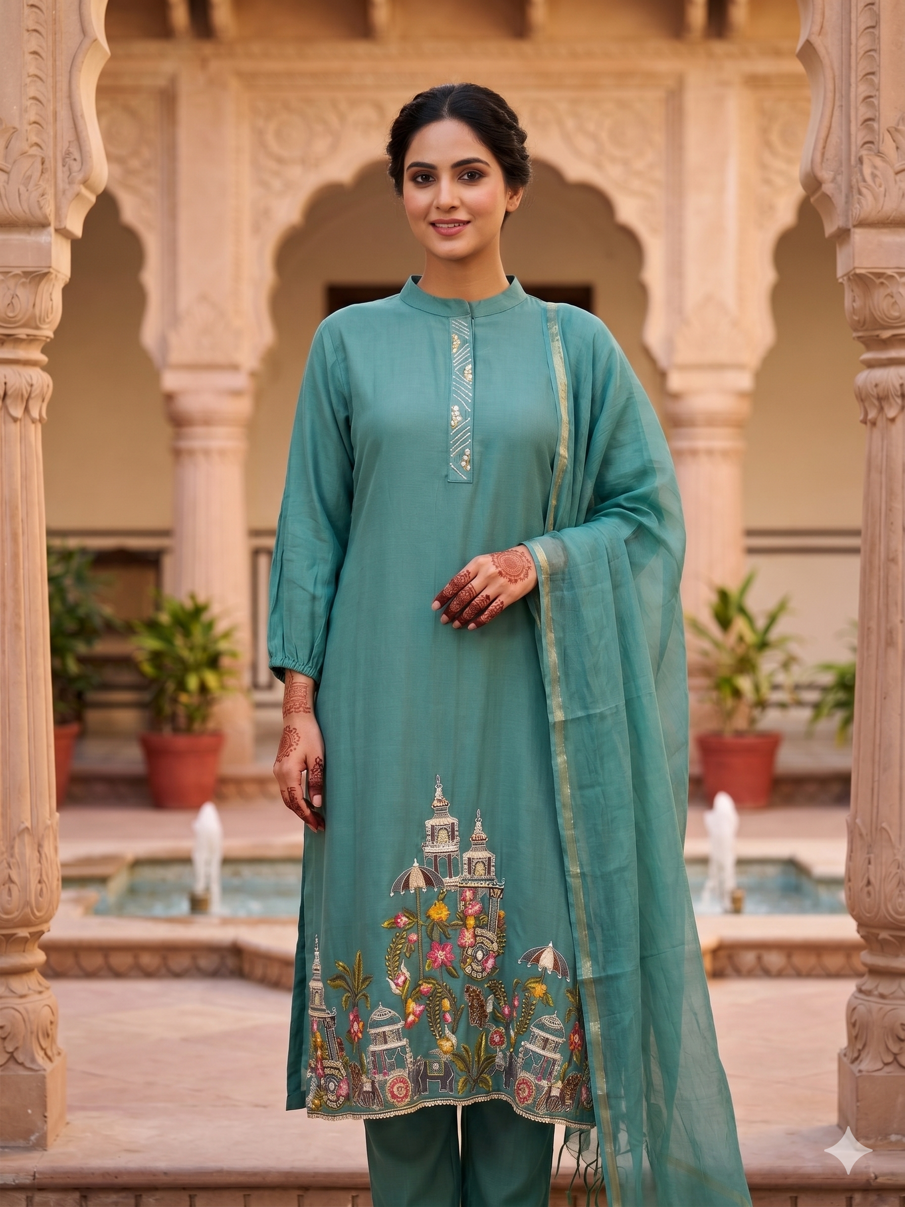 Sea-Blue Regal Embroidered Mul-Chanderi Pant Set