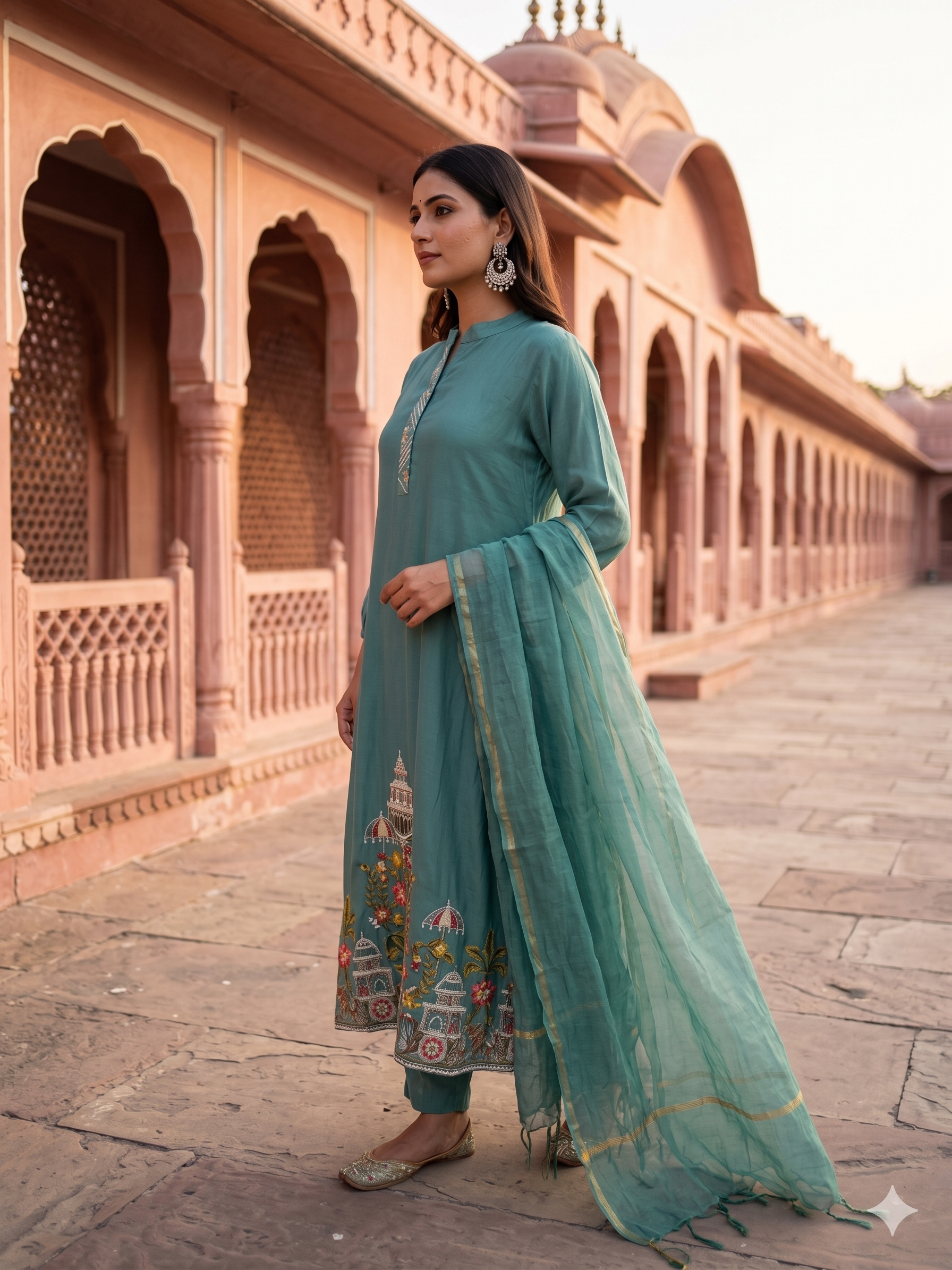 Sea-Blue Regal Embroidered Mul-Chanderi Pant Set