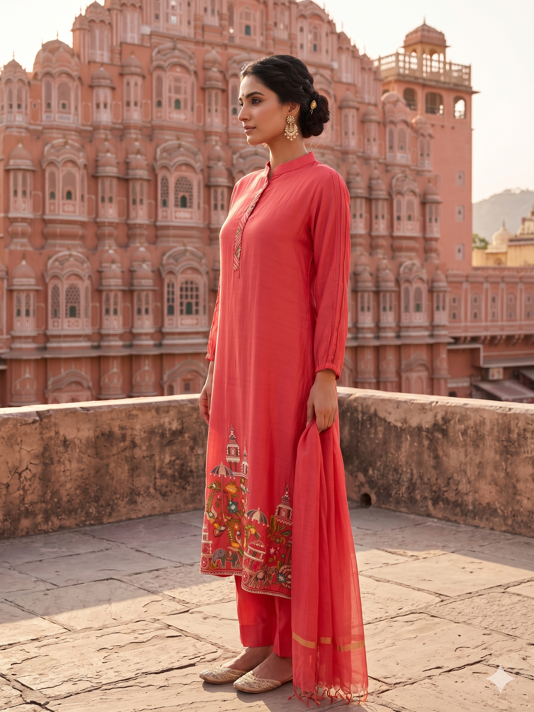 Coral Regal Embroidered Mul-Chanderi Pant Set