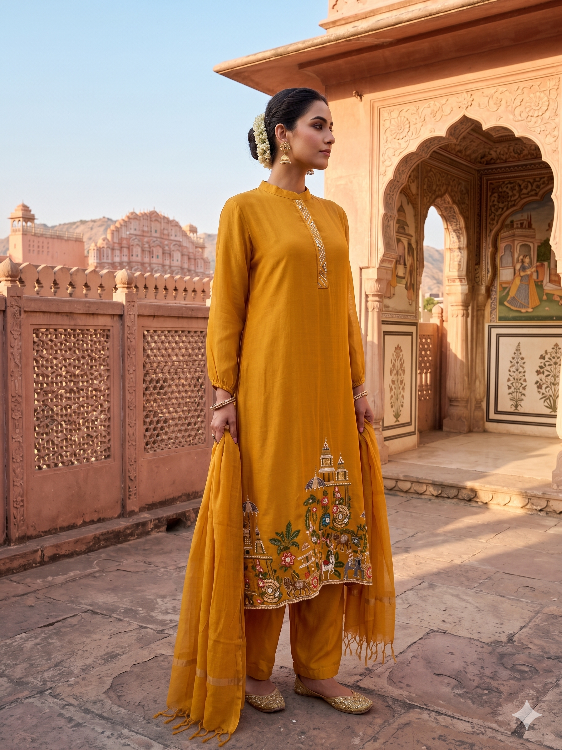 Gold Regal Embroidered Mul-Chanderi Pant Set