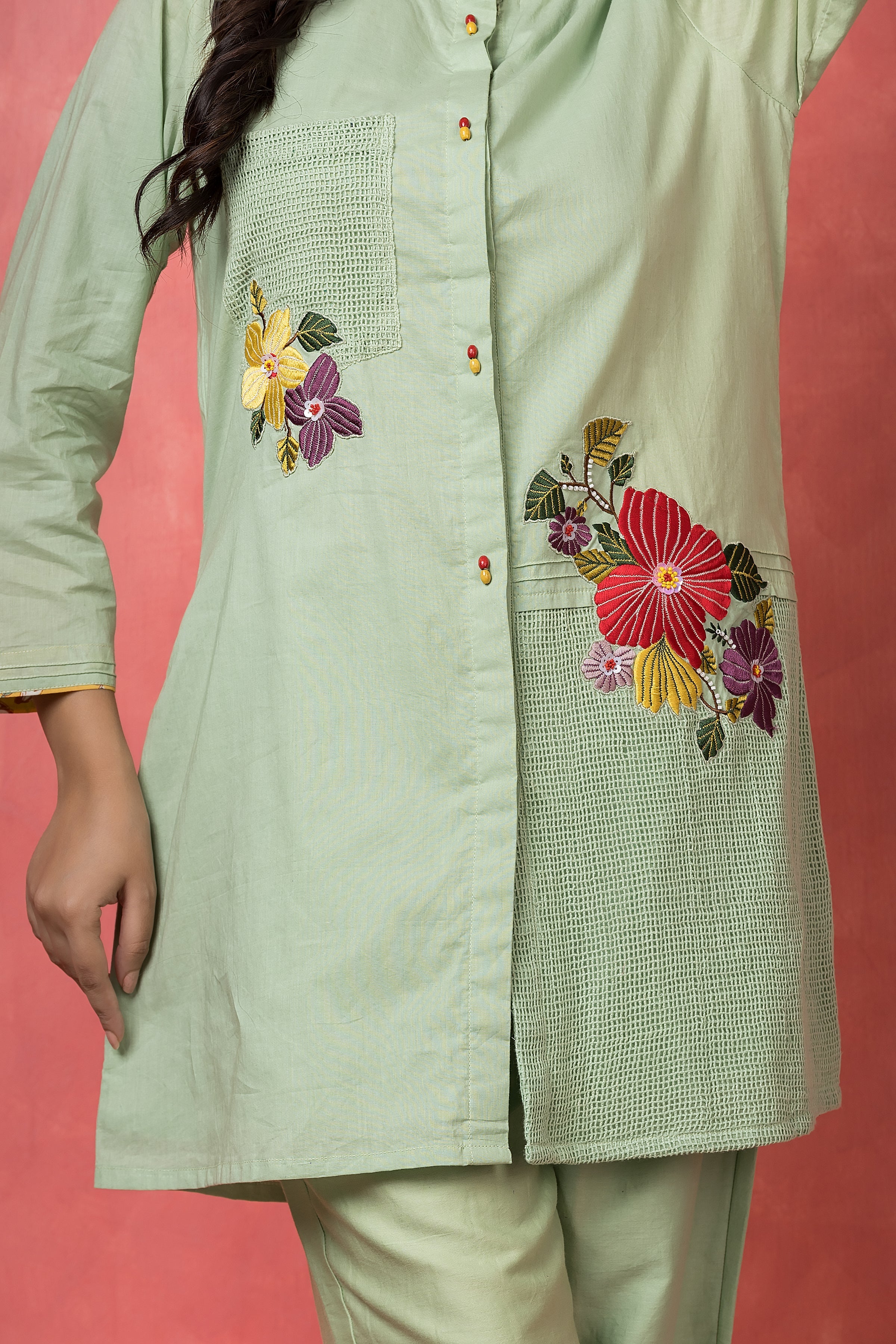 Mint Green Floral Applique Mul Cotton Co-Ord Set